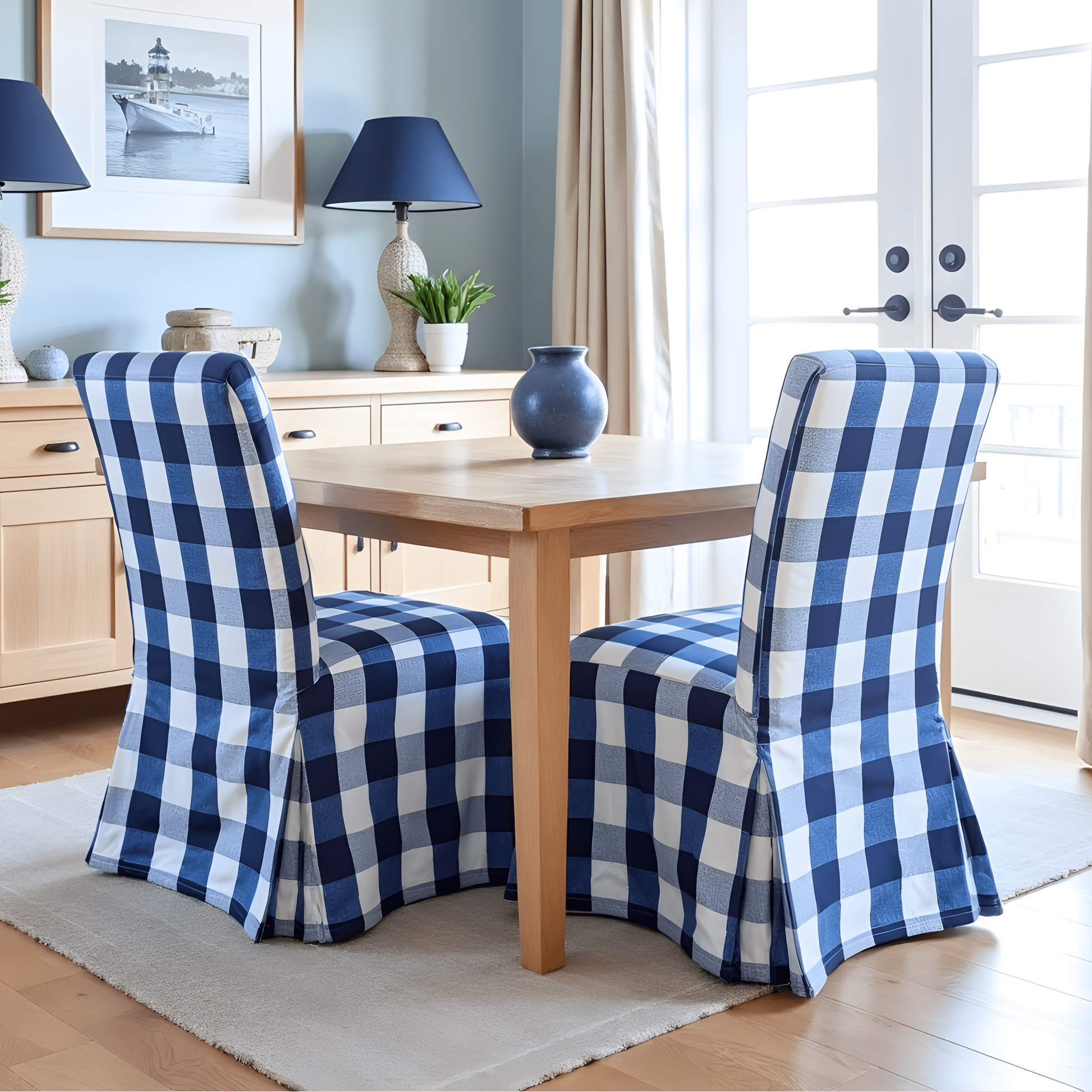 Navy Buffalo Check Plaid Floor-Length Slipcovers for IKEA Henriksdal USA (Set of 2) from PriceLows™