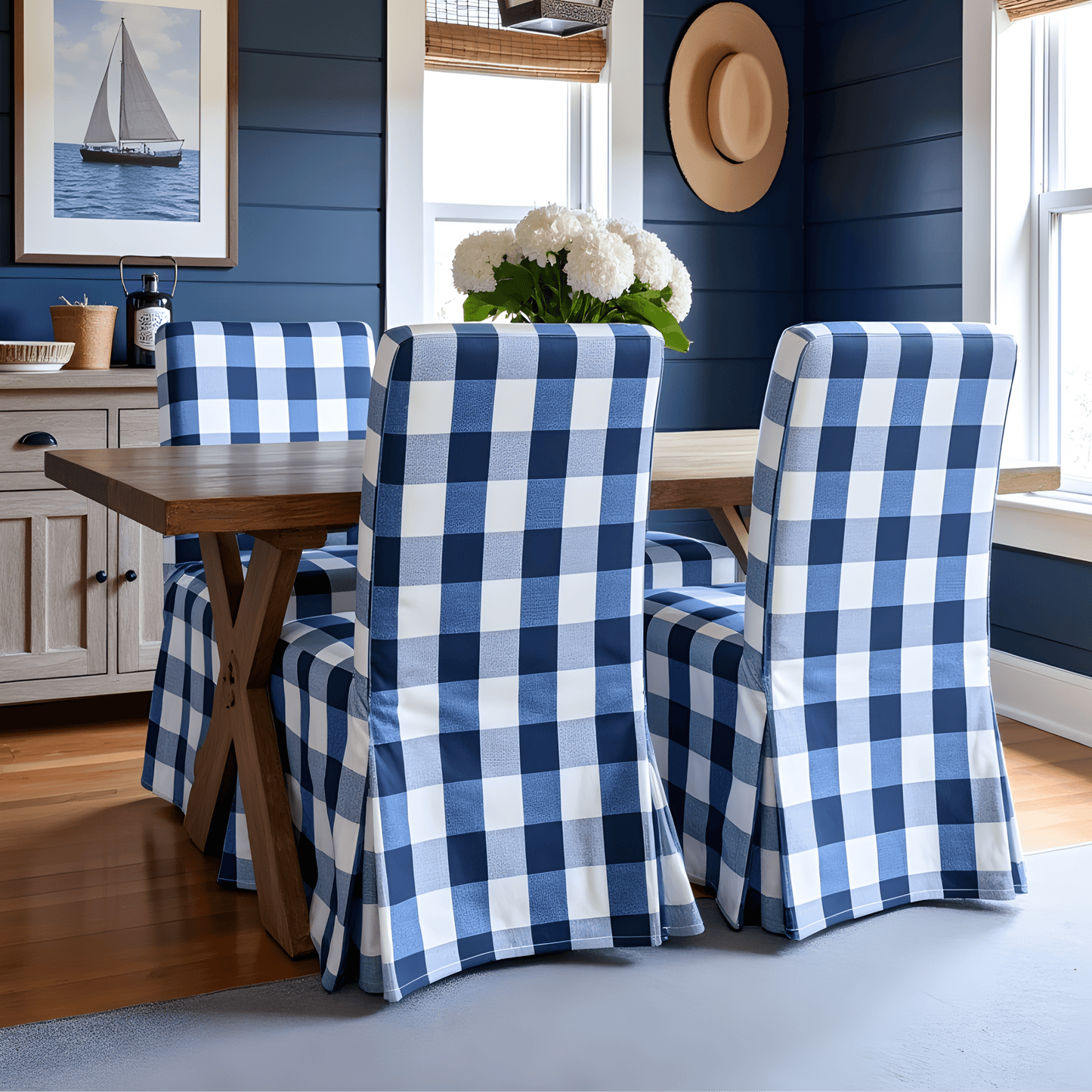 Navy Buffalo Check Plaid Floor-Length Slipcovers for IKEA Henriksdal USA (Set of 2) from PriceLows™