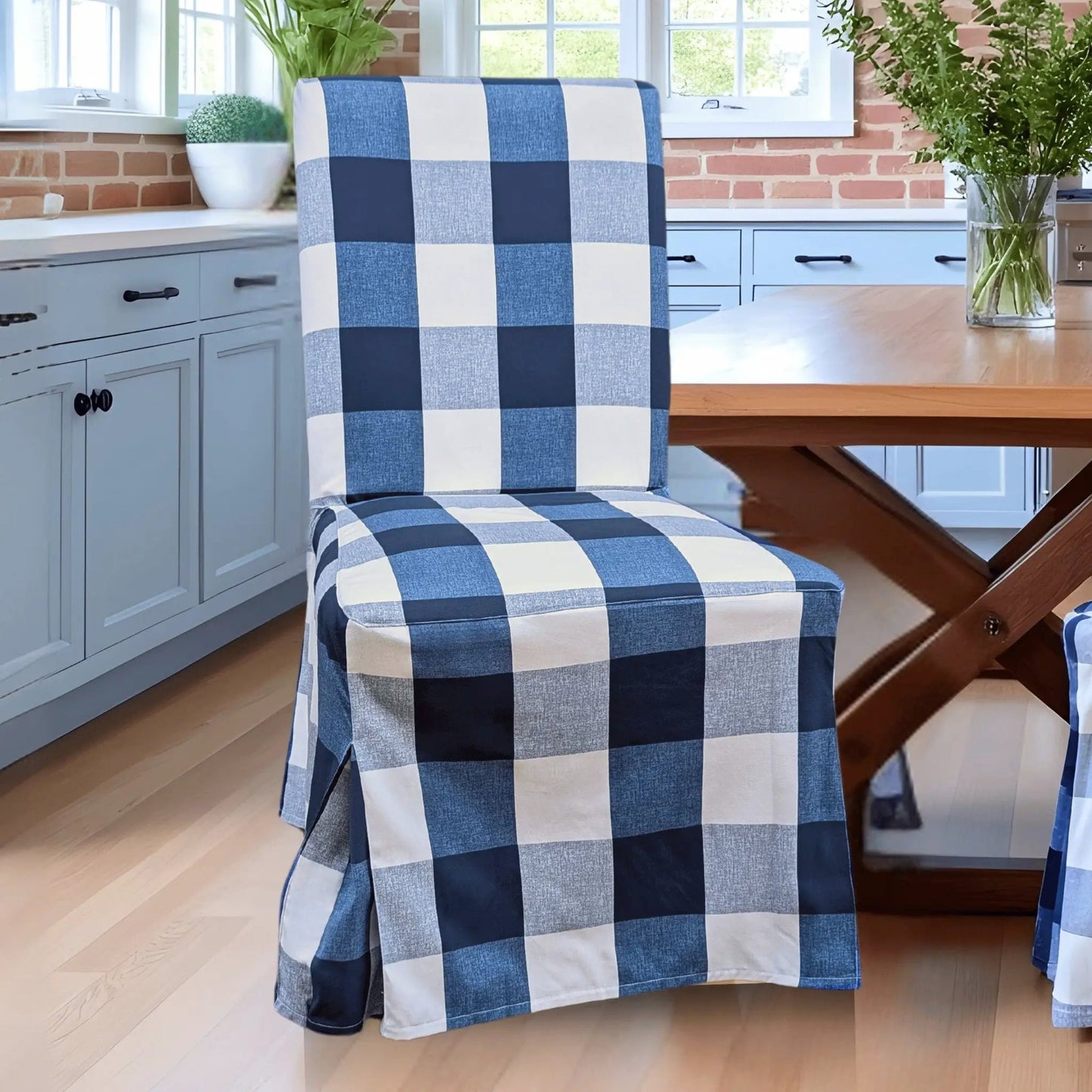 Navy Buffalo Check Plaid Floor-Length Slipcovers for IKEA Henriksdal USA (Set of 2) from PriceLows™