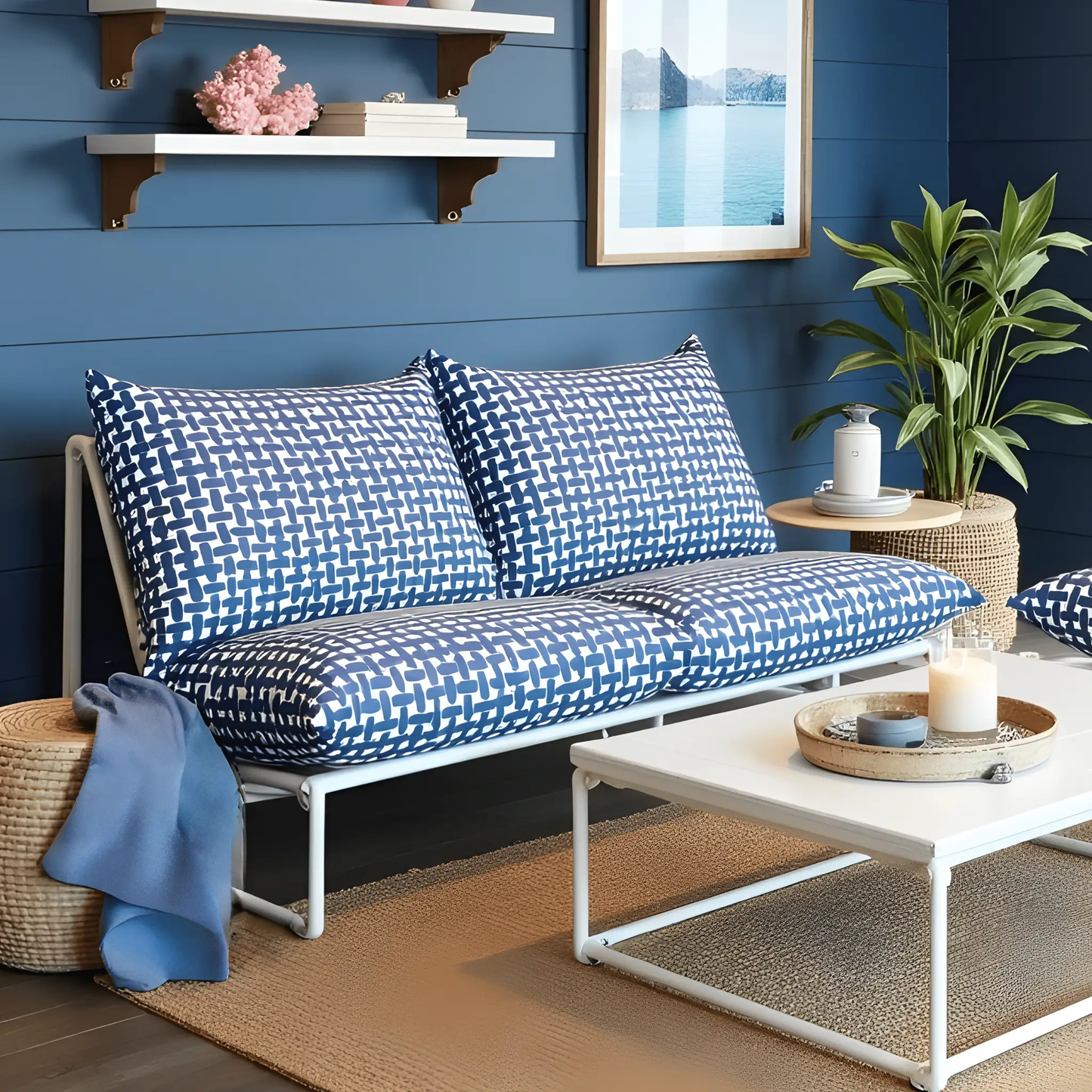 Modern Navy Blue Lattice Print Outdoor Slipcovers, Compatible with IKEA Havsten from PriceLows™