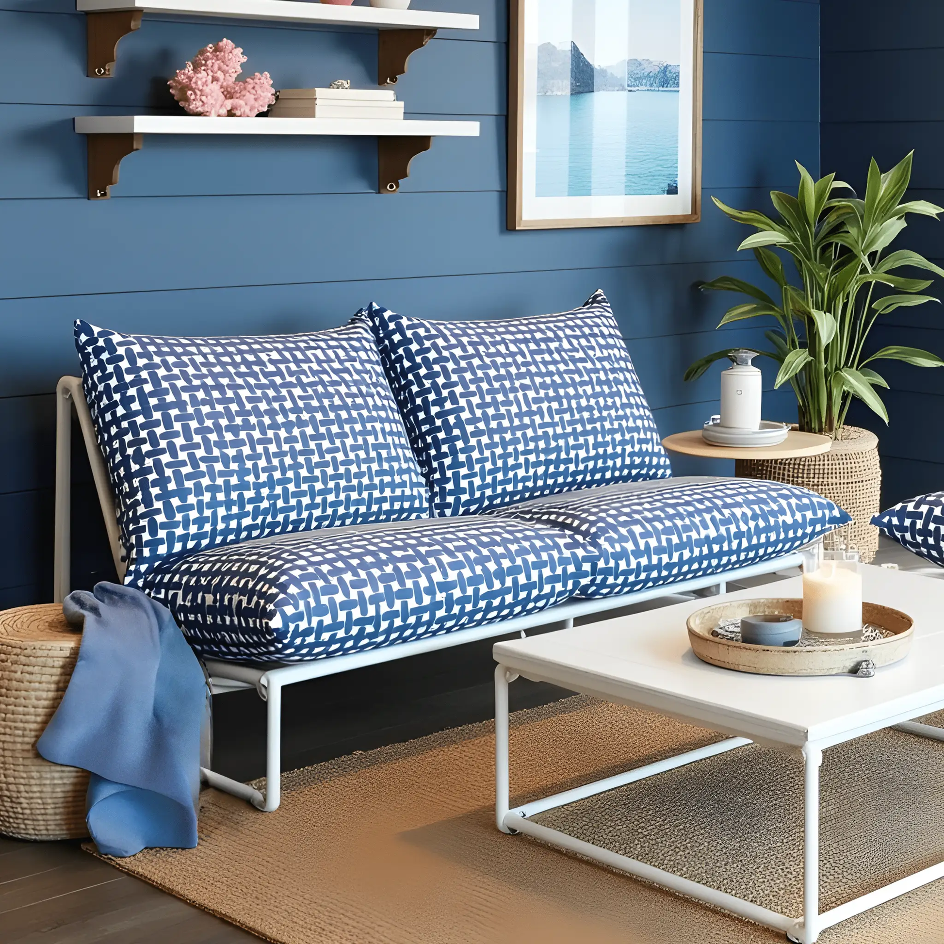 Modern Navy Blue Lattice Print Outdoor Slipcovers, Compatible with IKEA Havsten from PriceLows™