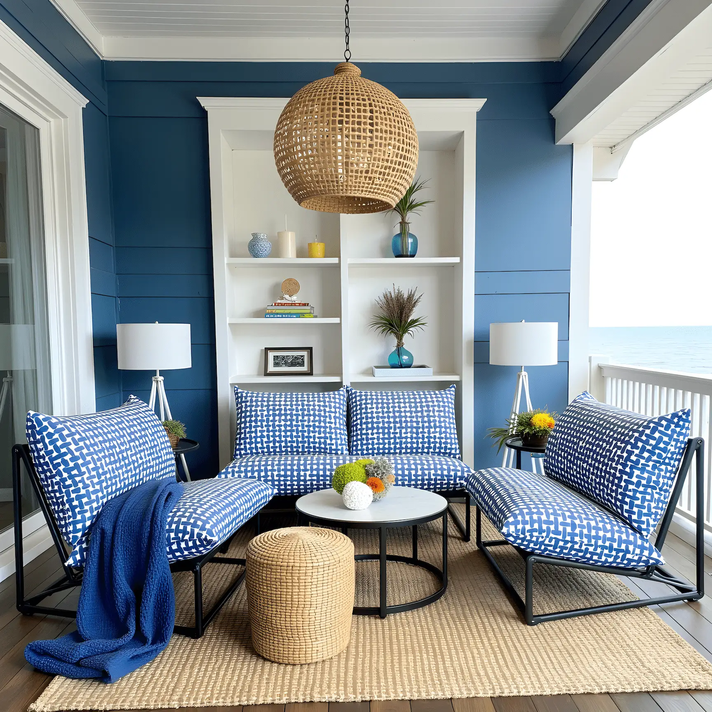 Modern Navy Blue Lattice Print Outdoor Slipcovers, Compatible with IKEA Havsten from PriceLows™