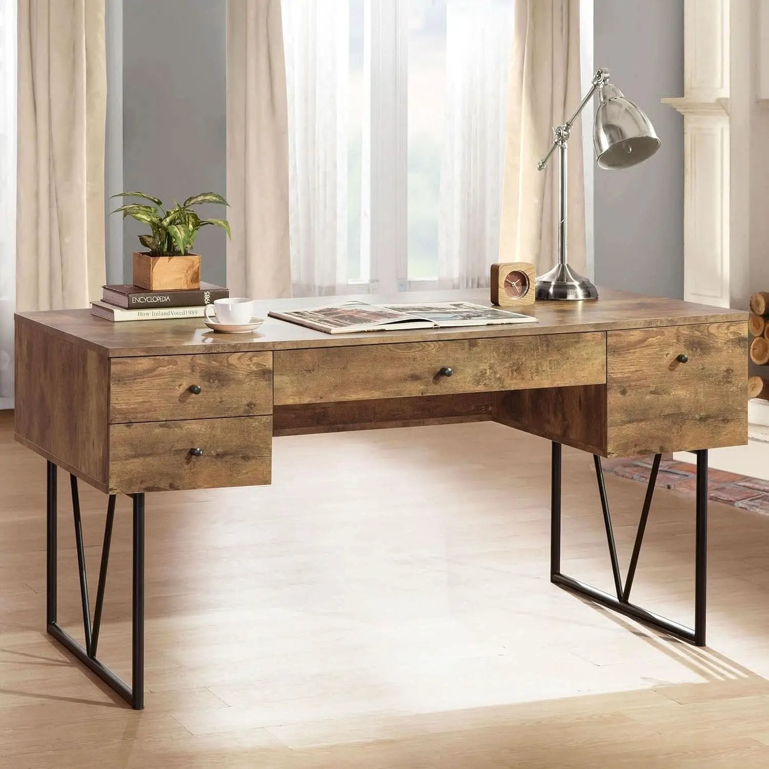 Rustic 63 Inch Writing Desk with Four Storage Drawers from PriceLows™