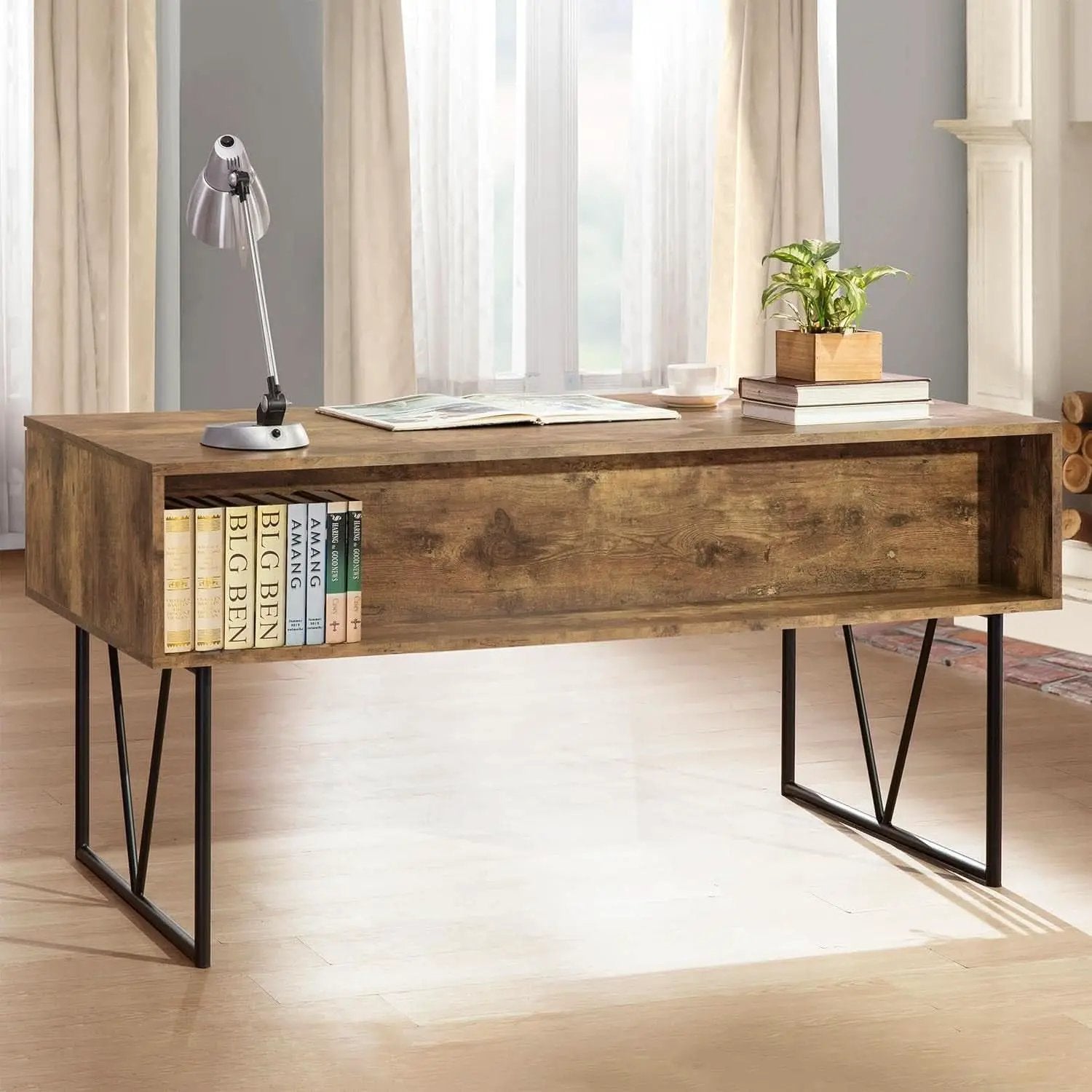 Rustic 63 Inch Writing Desk with Four Storage Drawers from PriceLows™