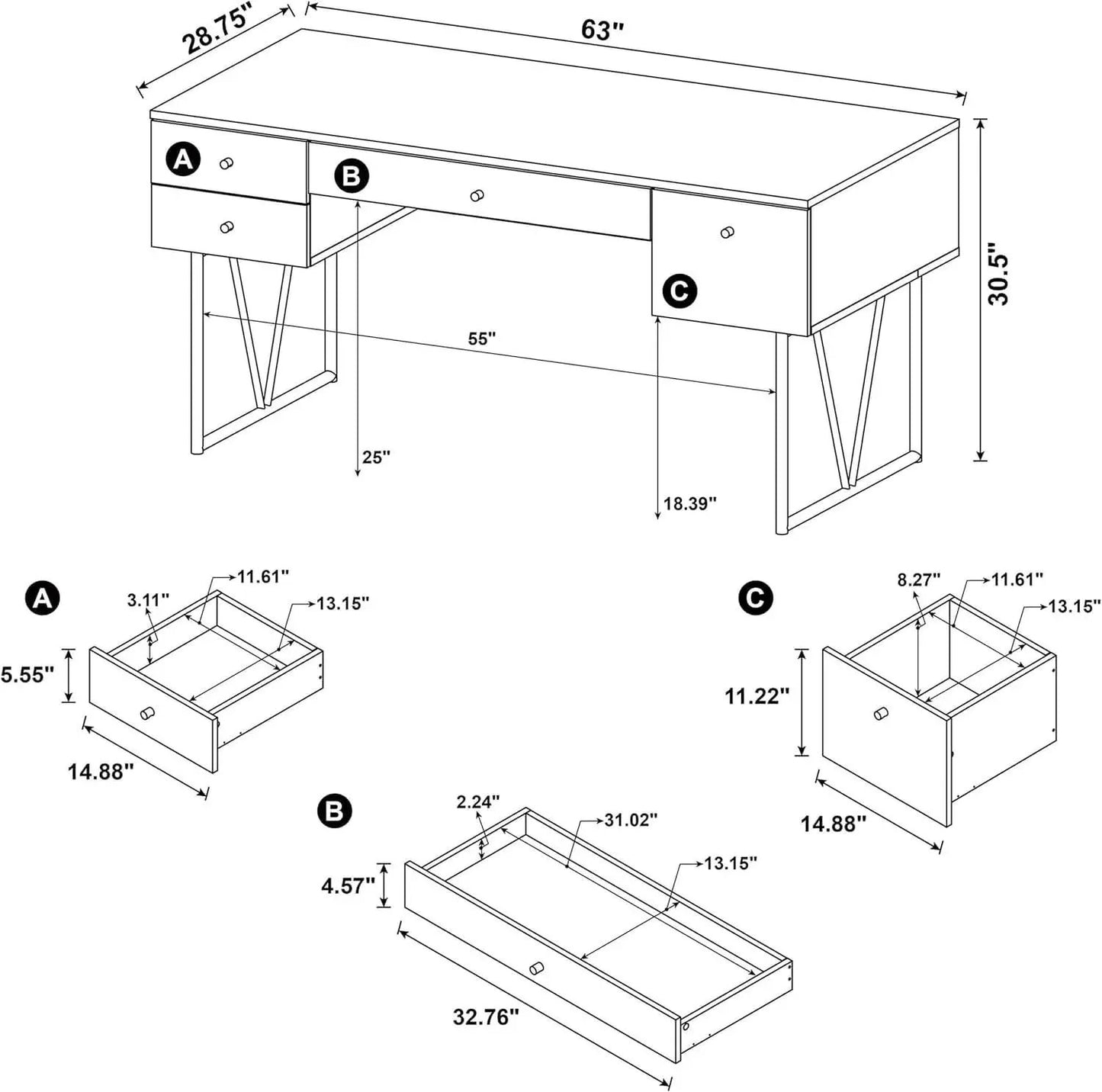 Rustic 63 Inch Writing Desk with Four Storage Drawers from PriceLows™
