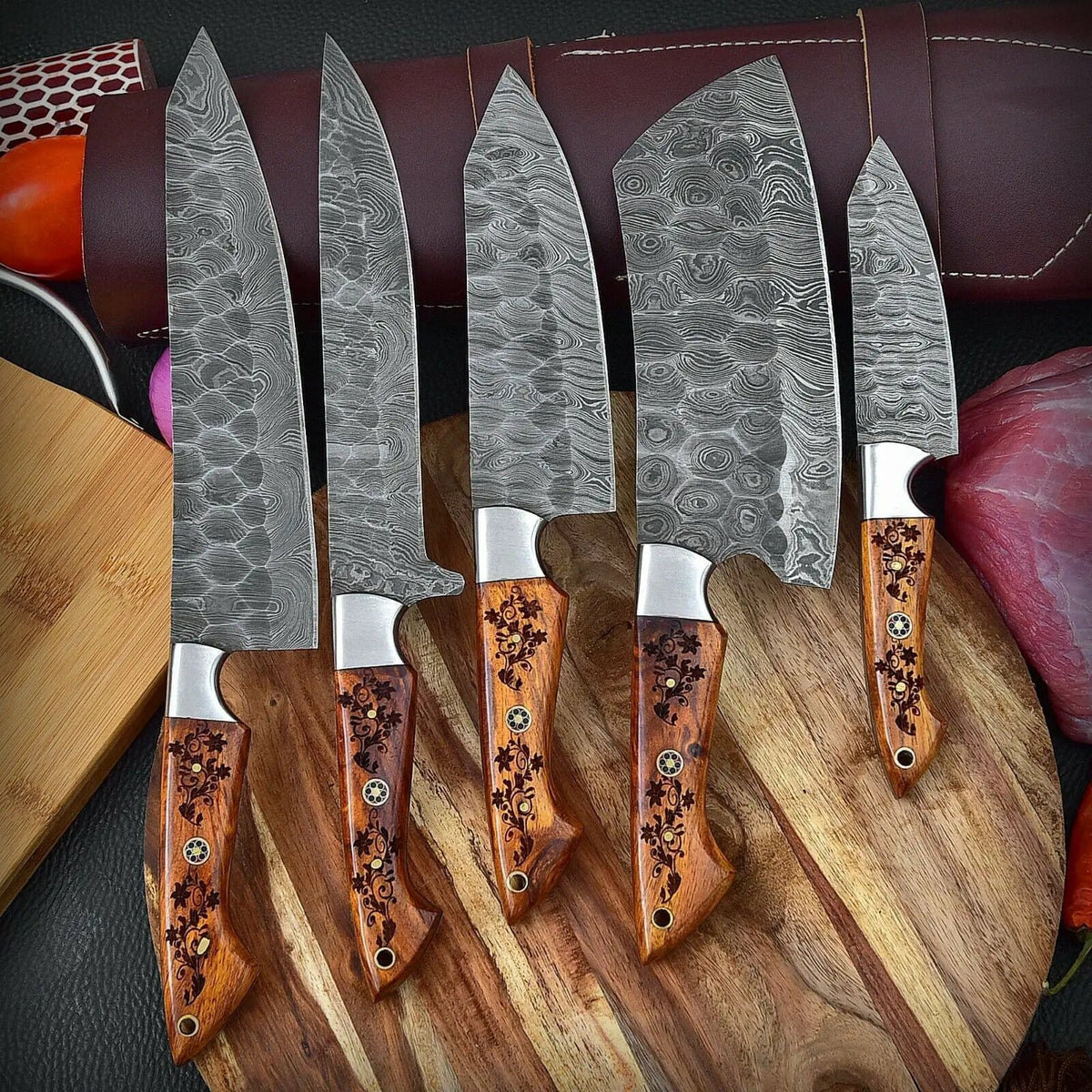 DAMASCUS KITCHEN CHEF KNIVES SET | 8 Inch | Rose Wood | Kitchen Knives Set