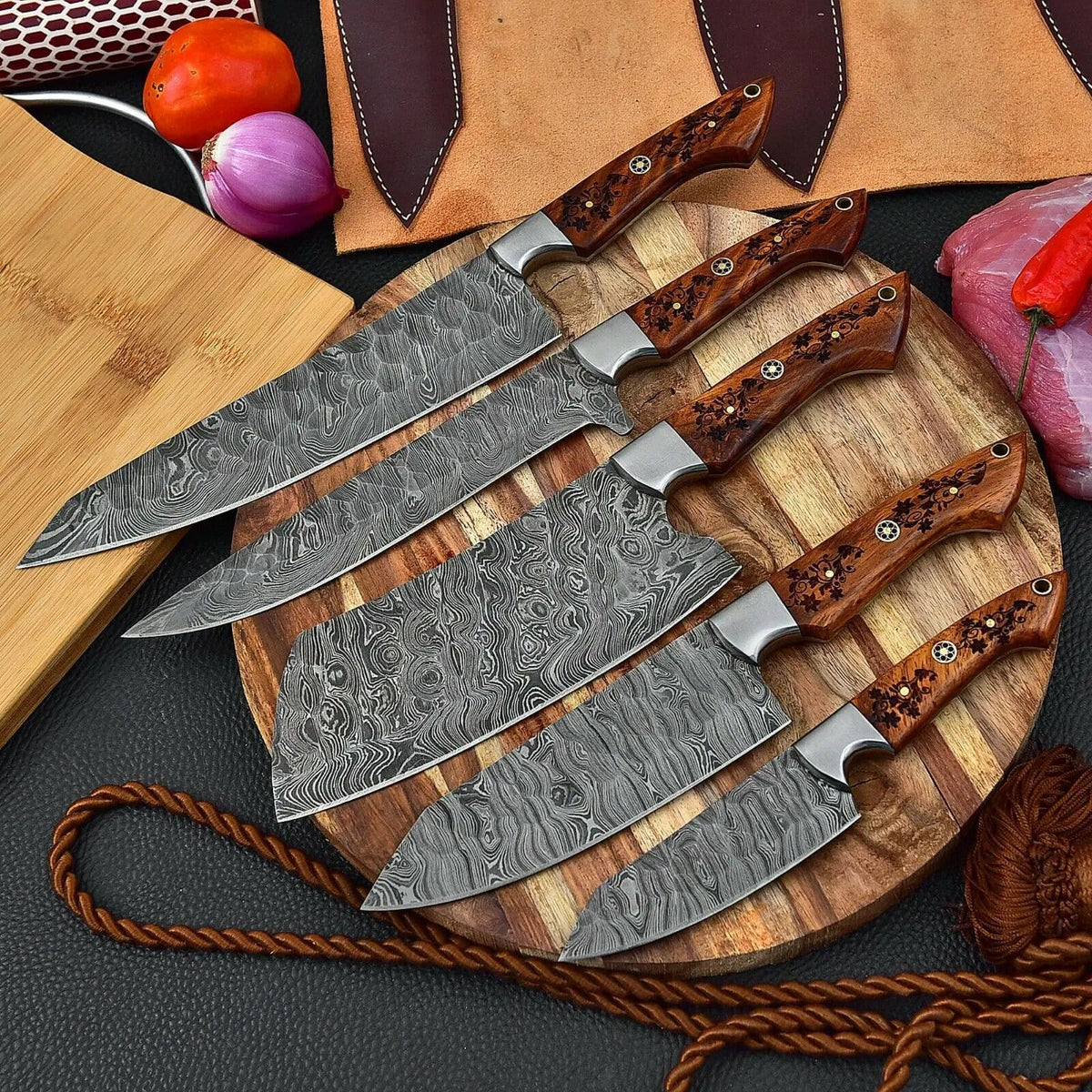 DAMASCUS KITCHEN CHEF KNIVES SET | 8 Inch | Rose Wood | Kitchen Knives Set