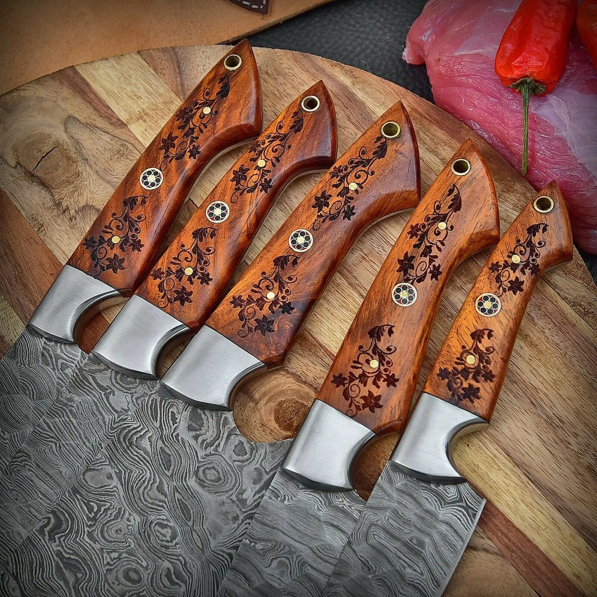 DAMASCUS KITCHEN CHEF KNIVES SET | 8 Inch | Rose Wood | Kitchen Knives Set
