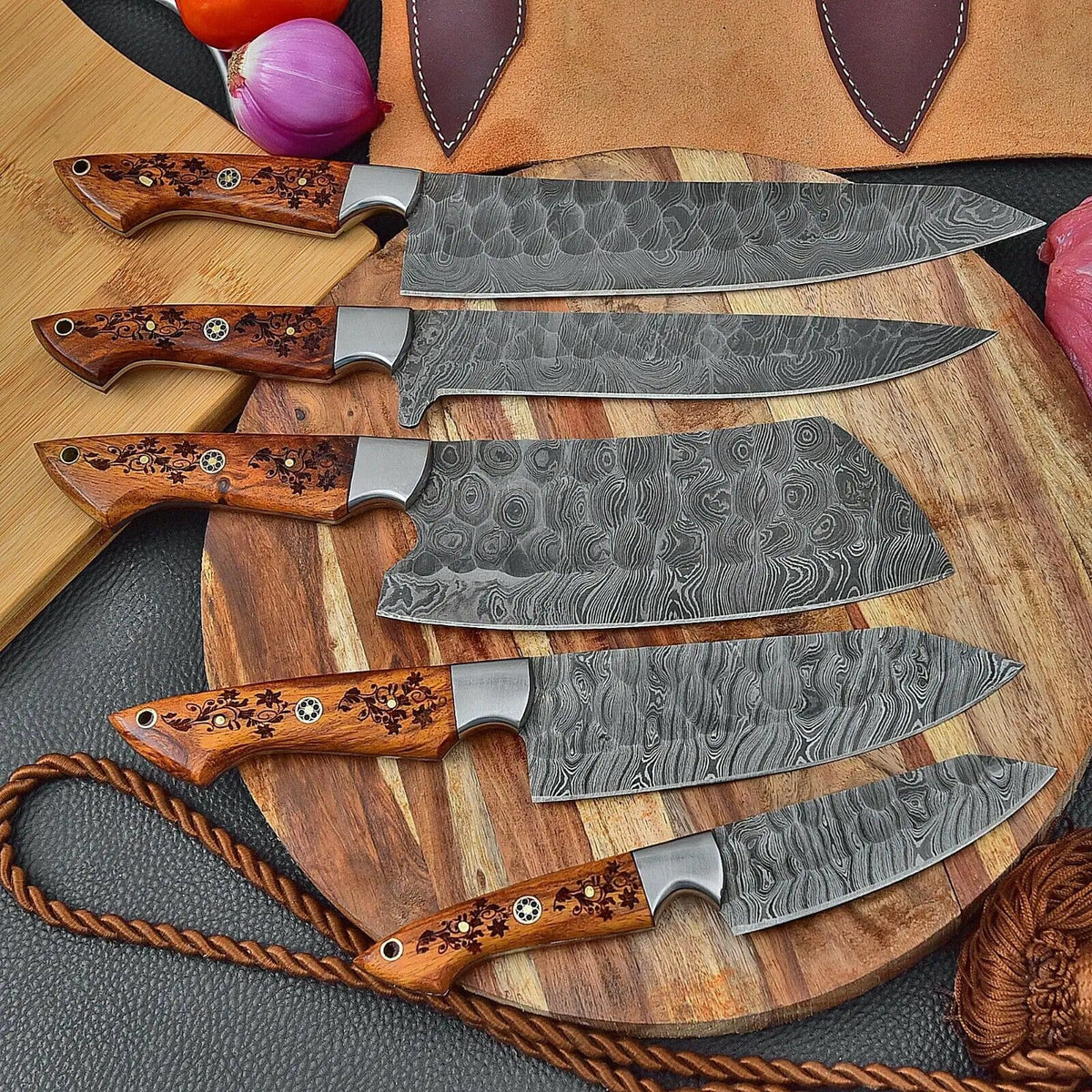 DAMASCUS KITCHEN CHEF KNIVES SET | 8 Inch | Rose Wood | Kitchen Knives Set