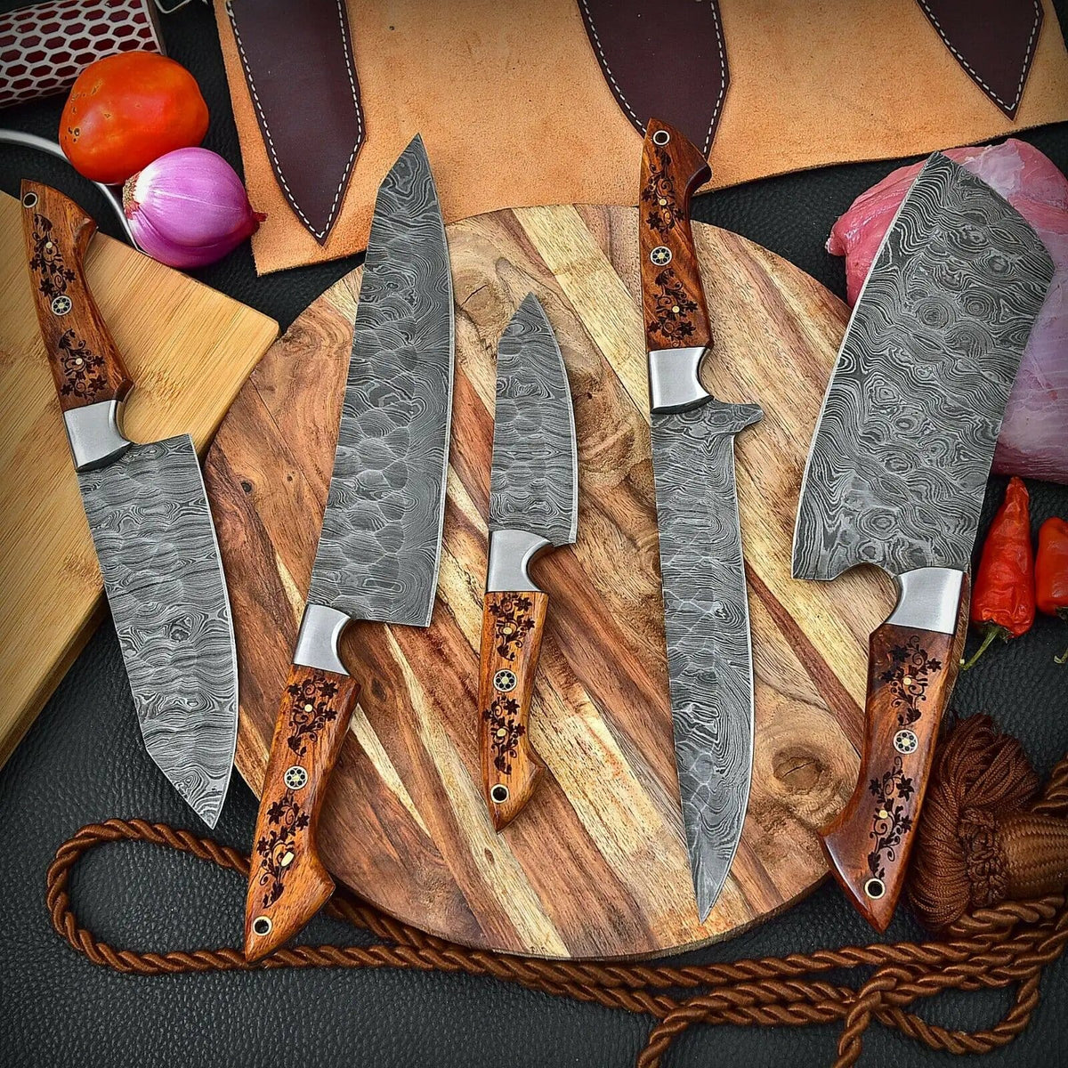 DAMASCUS KITCHEN CHEF KNIVES SET | 8 Inch | Rose Wood | Kitchen Knives Set