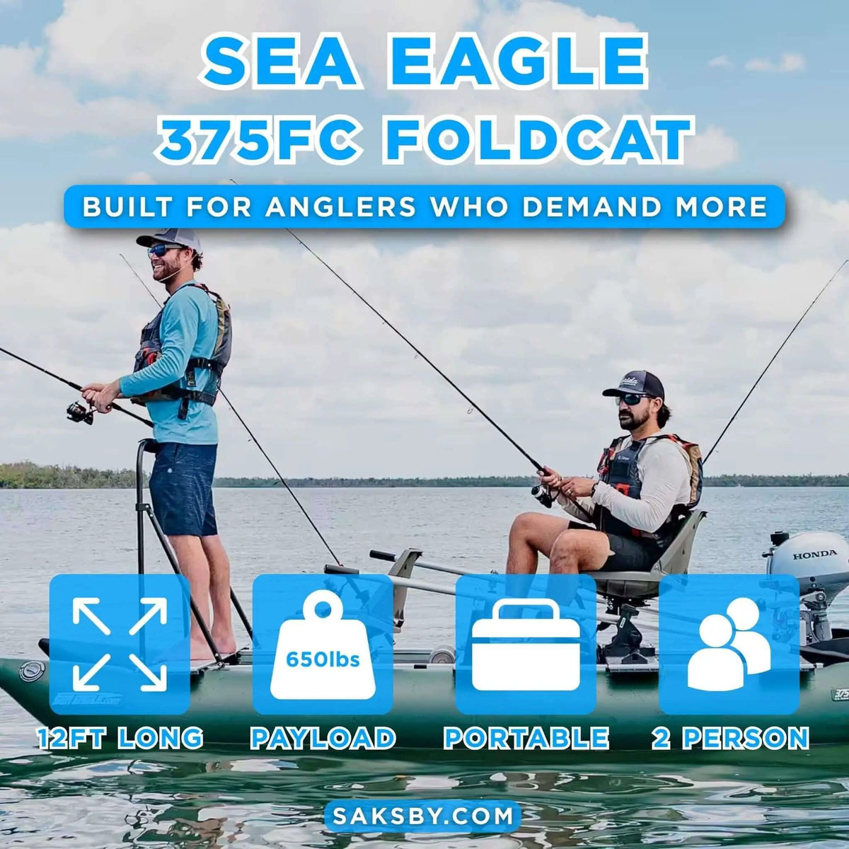 Sea Eagle 375FC FoldCat 2-Persons Inflatable Fishing Lightweight Pontoon Boat | 2-Person | Inflatable Boat | Home