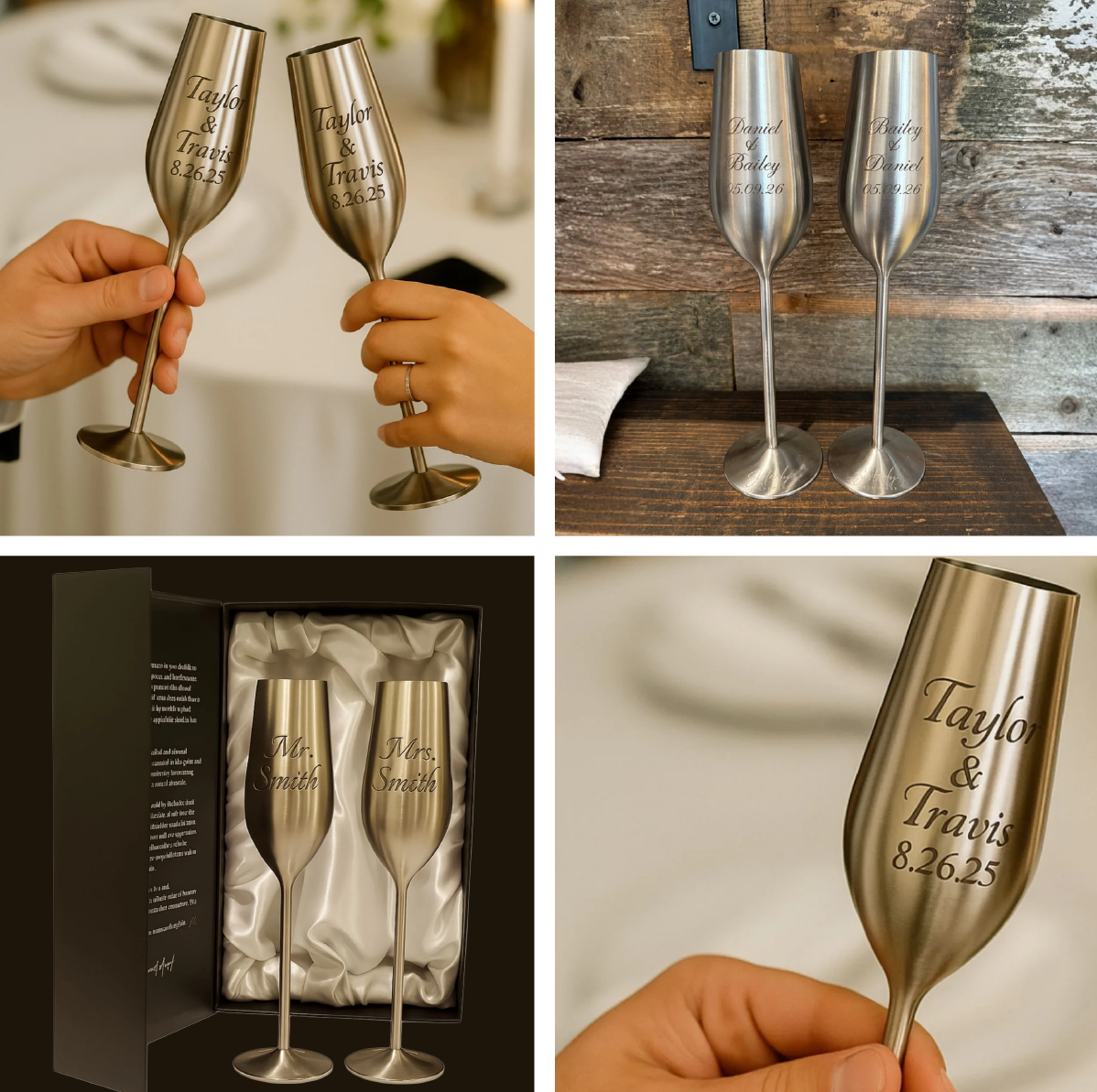 Personalized Champagne Flutes | Engraved Silver | Set Of Two | 7.5 Oz