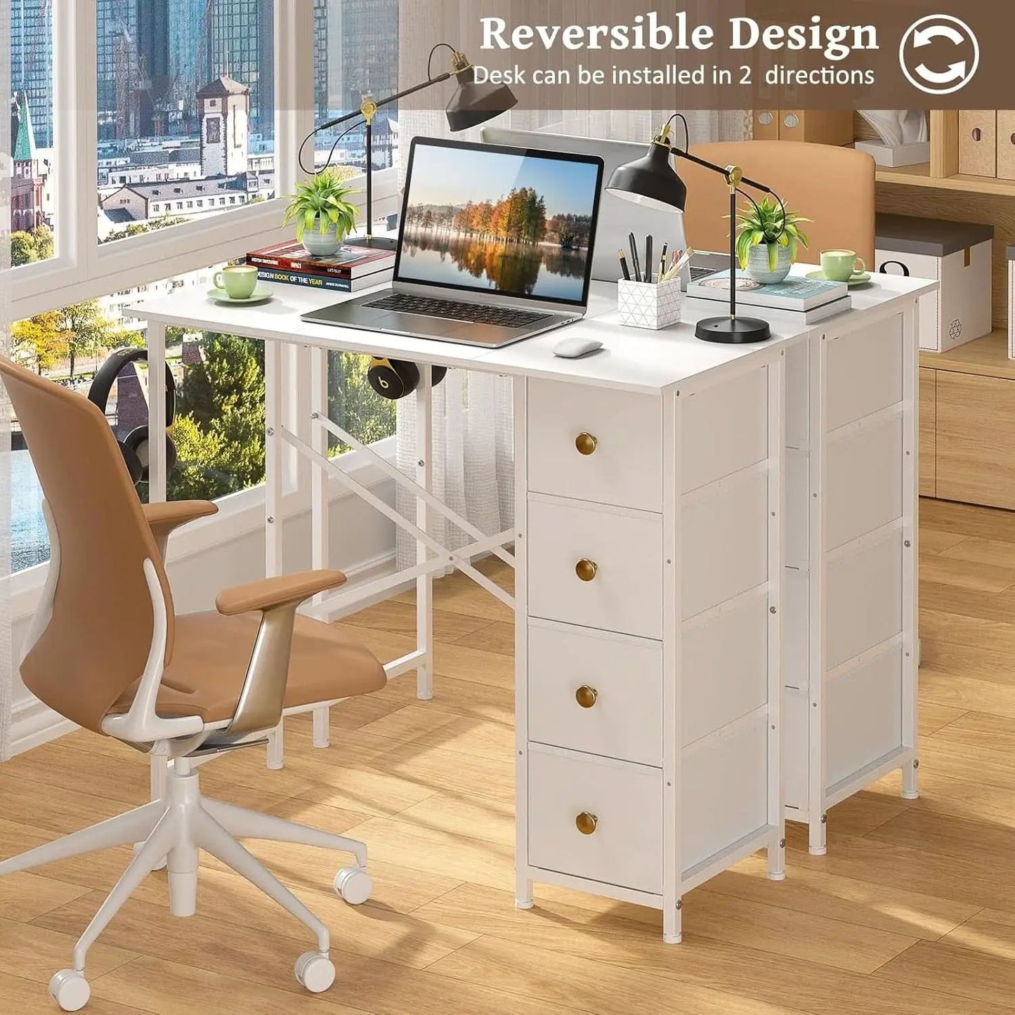 Small White Computer Desk With 4 Fabric Drawers 35 Inch from PriceLows™