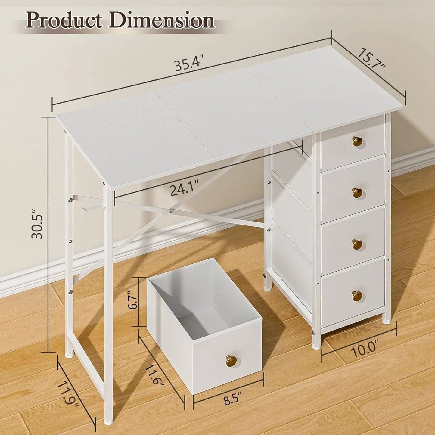 Small White Computer Desk With 4 Fabric Drawers 35 Inch from PriceLows™