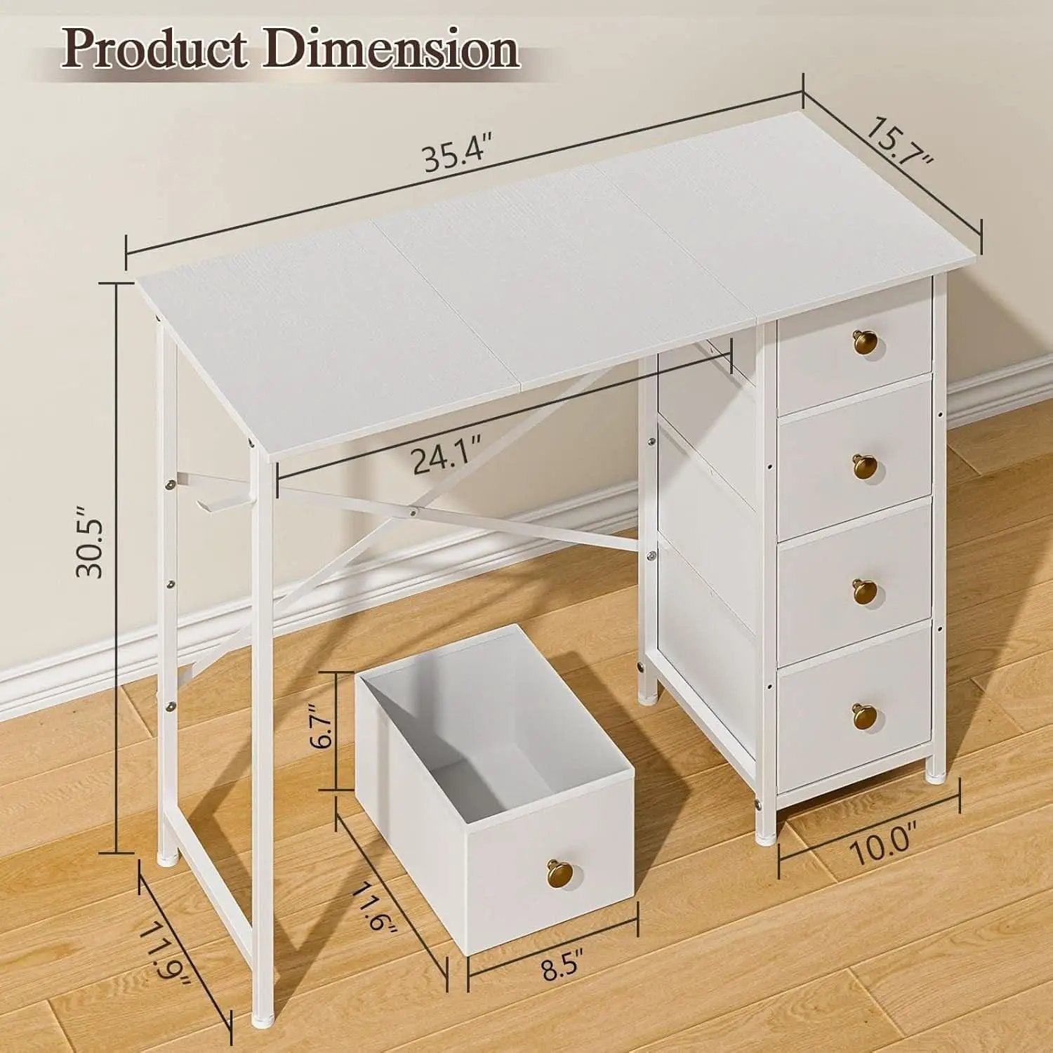 Small White Computer Desk With 4 Fabric Drawers 35 Inch from PriceLows™