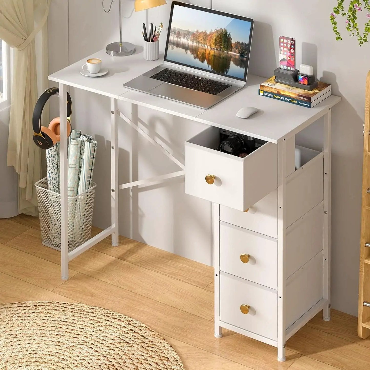 Small White Computer Desk With 4 Fabric Drawers 35 Inch from PriceLows™