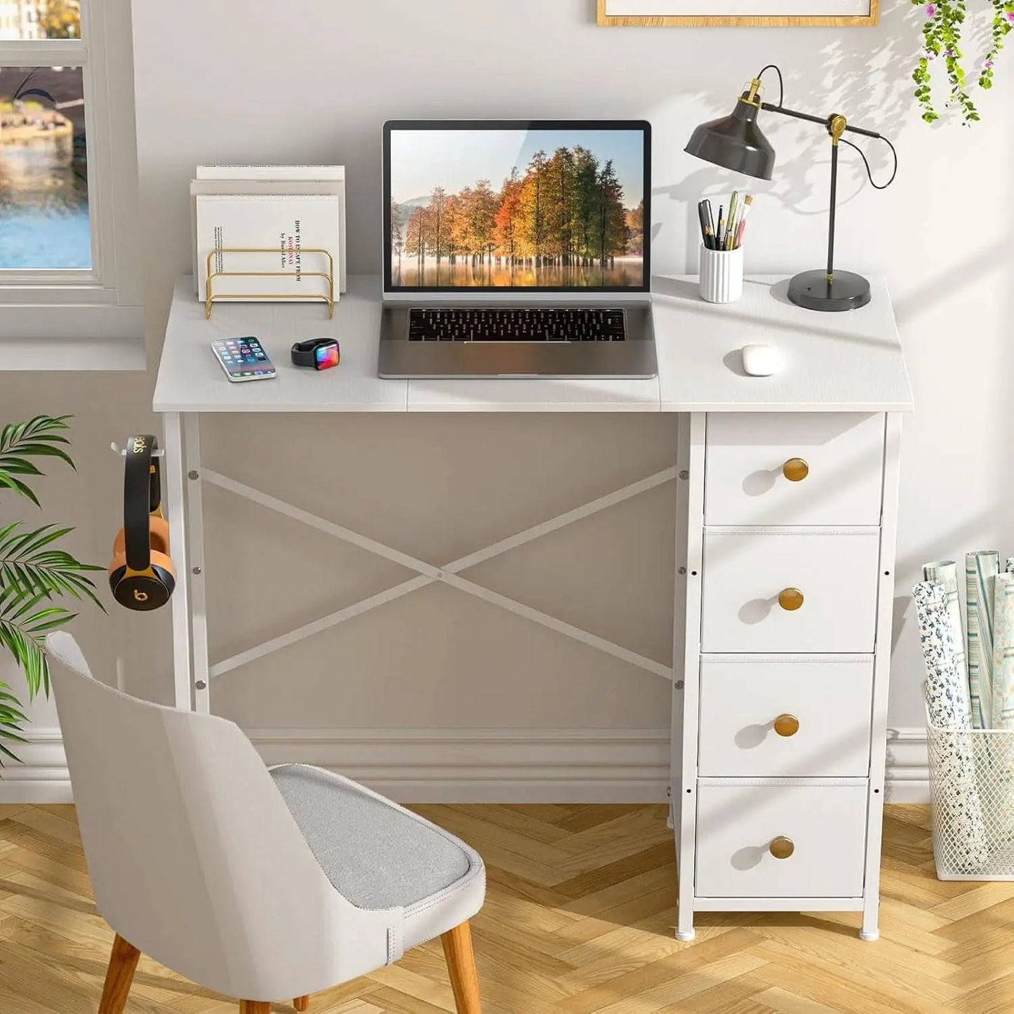 Small White Computer Desk With 4 Fabric Drawers 35 Inch from PriceLows™