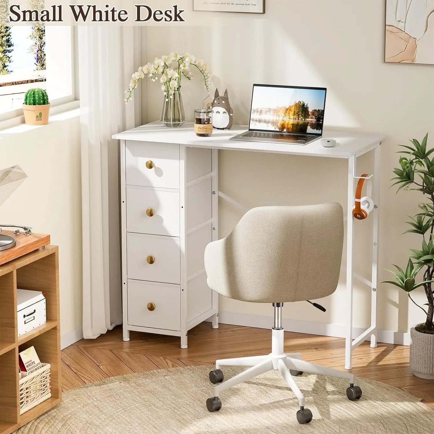 Small White Computer Desk With 4 Fabric Drawers 35 Inch from PriceLows™