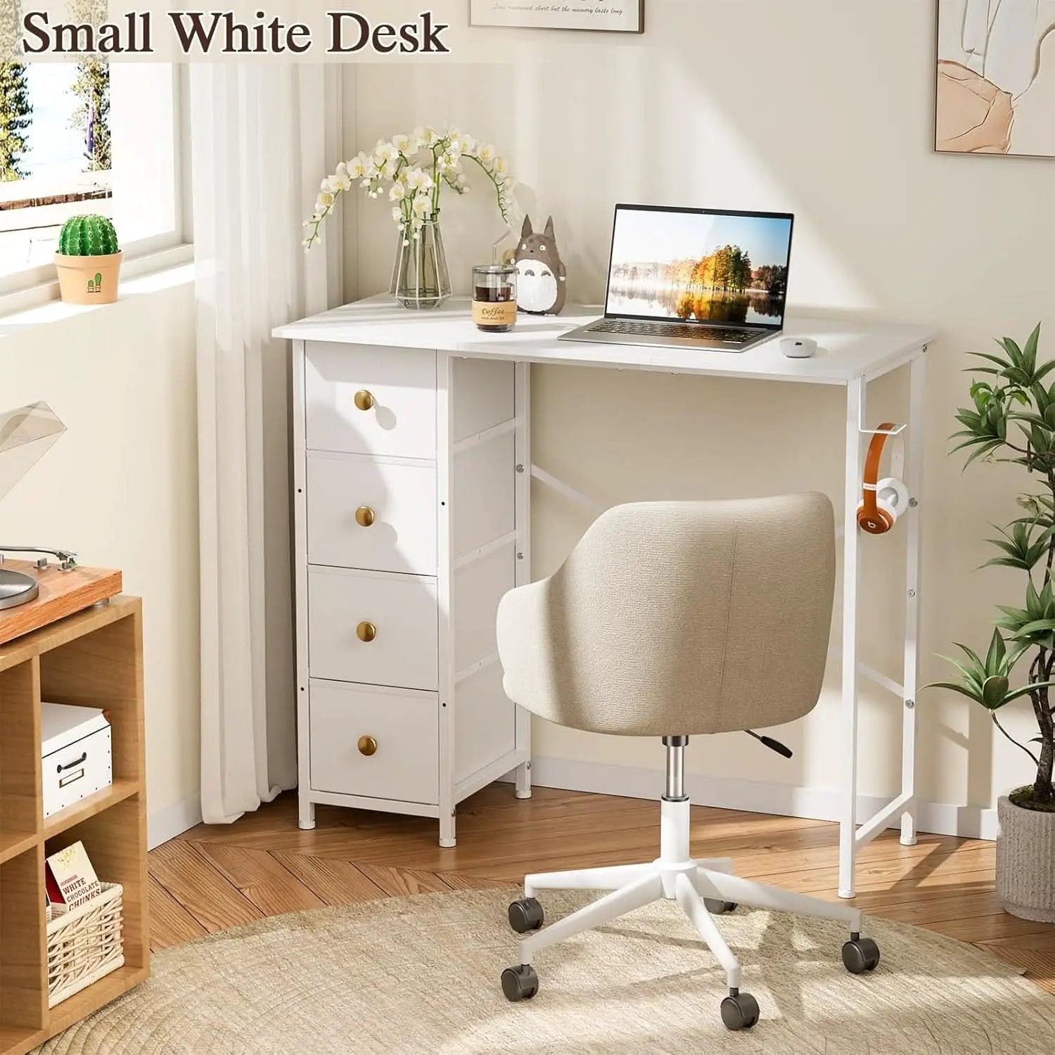Small White Computer Desk With 4 Fabric Drawers 35 Inch from PriceLows™