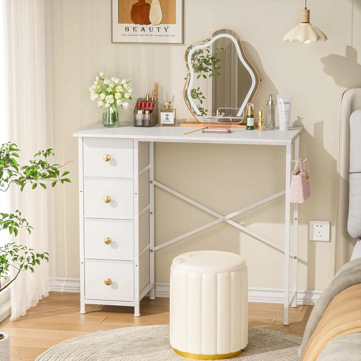 Small White Computer Desk With 4 Fabric Drawers 35 Inch from PriceLows™