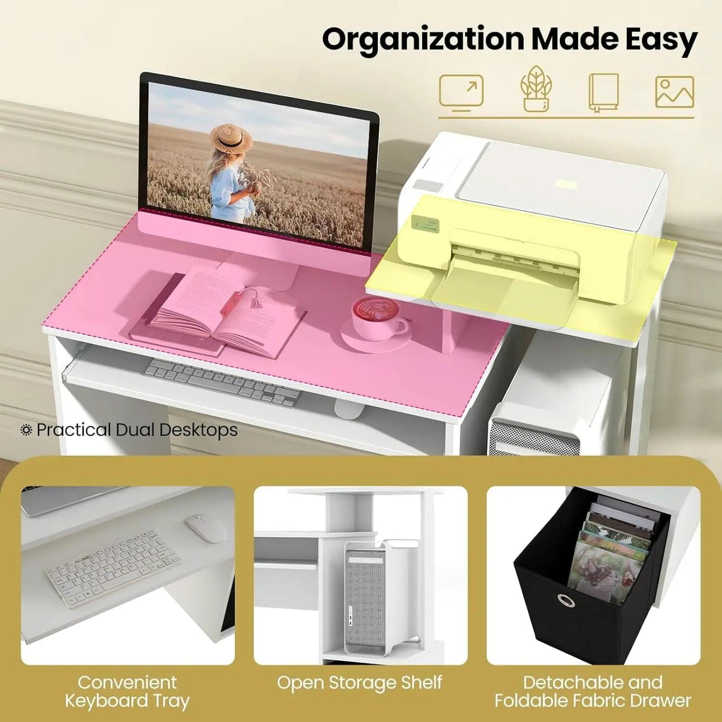 Space-Saving Computer Desk with Drawer and Storage Shelves from PriceLows™