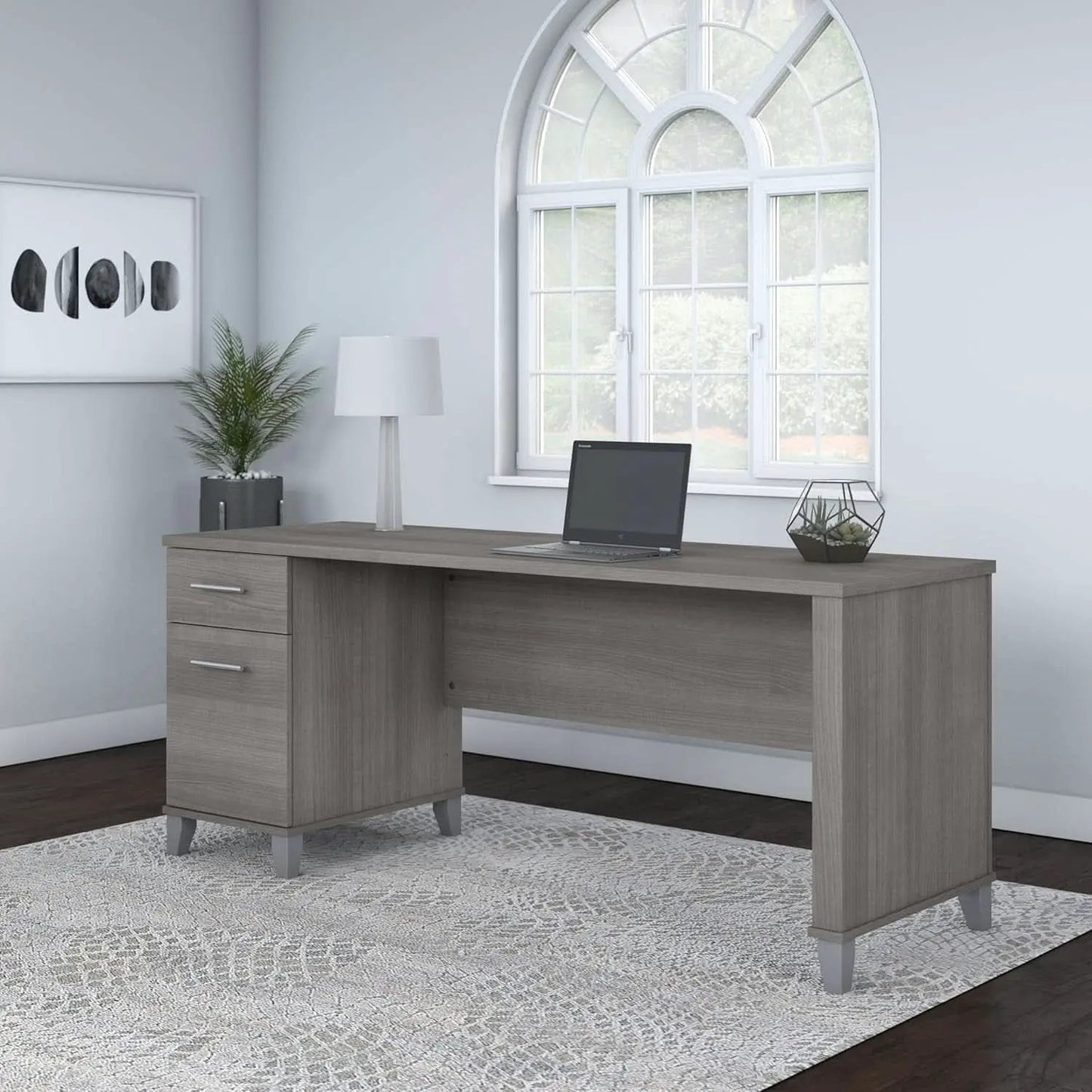 Spacious Home Office Desk with Drawers in Gray