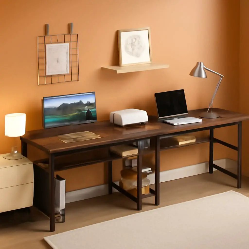 Spacious Two Person Desk with Power Strips and Shelves from PriceLows™