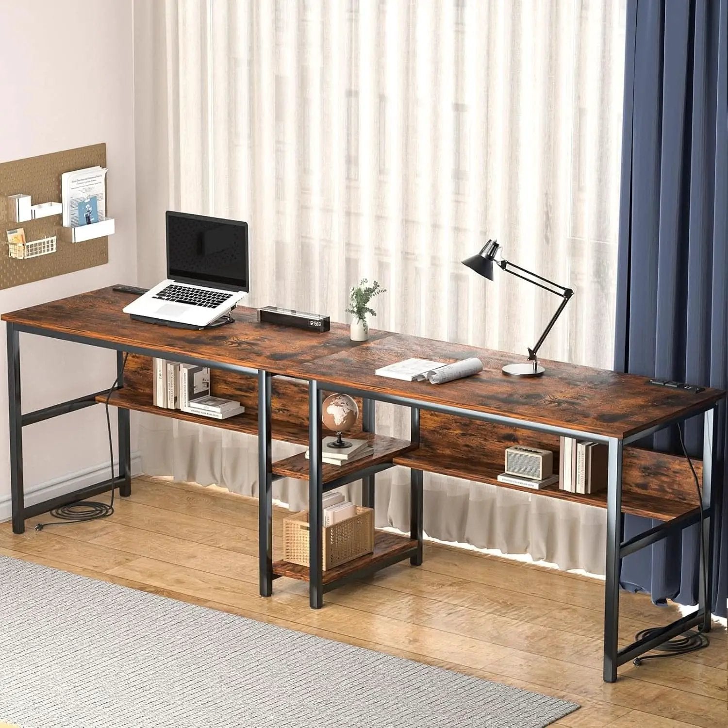 Spacious Two Person Desk with Power Strips and Shelves from PriceLows™
