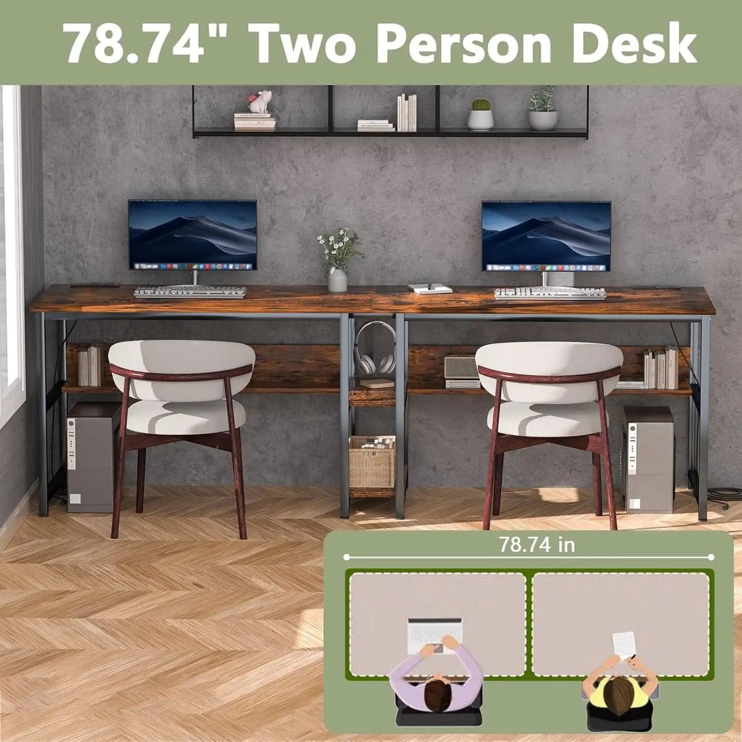 Spacious Two Person Desk with Power Strips and Shelves from PriceLows™
