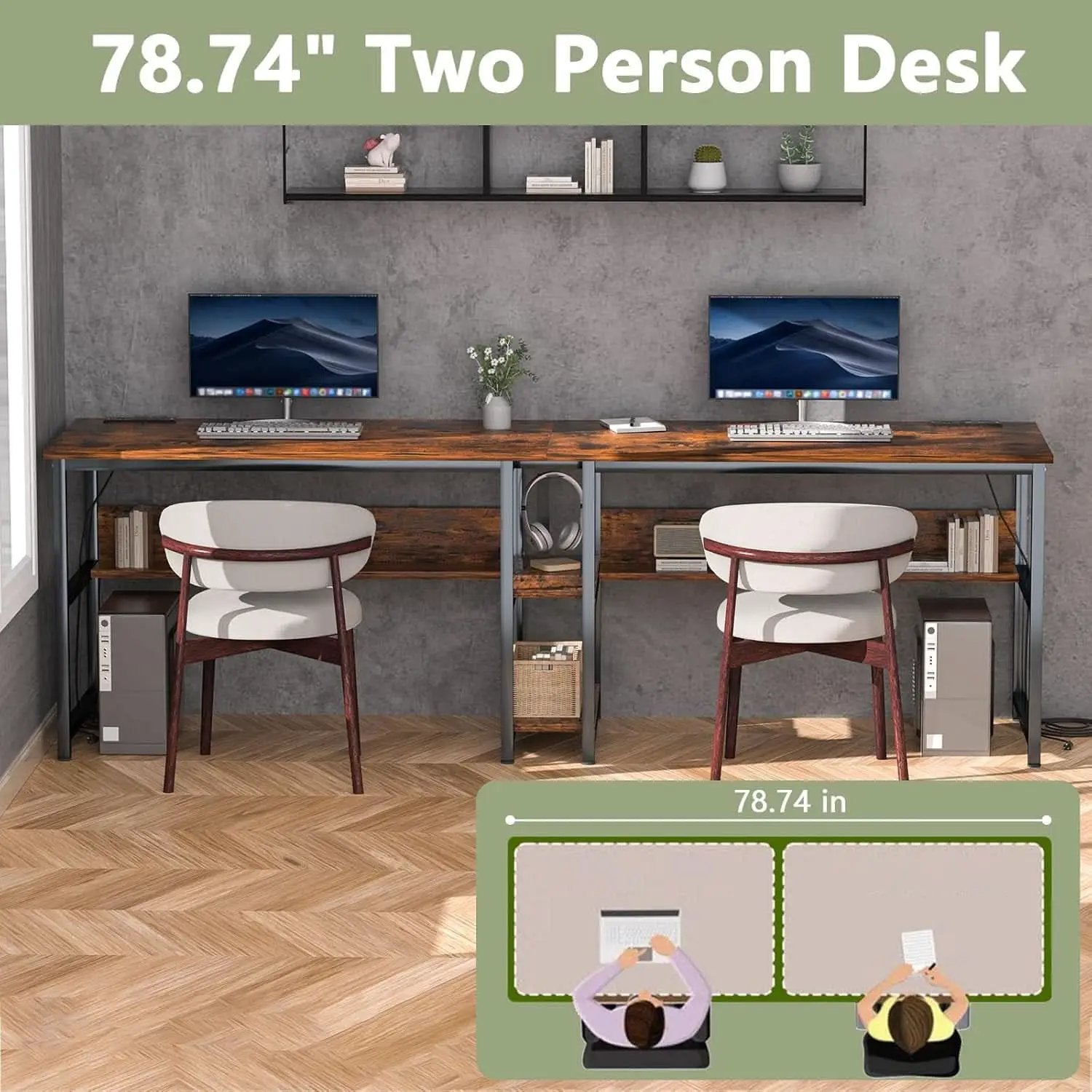 Spacious Two Person Desk with Power Strips and Shelves from PriceLows™