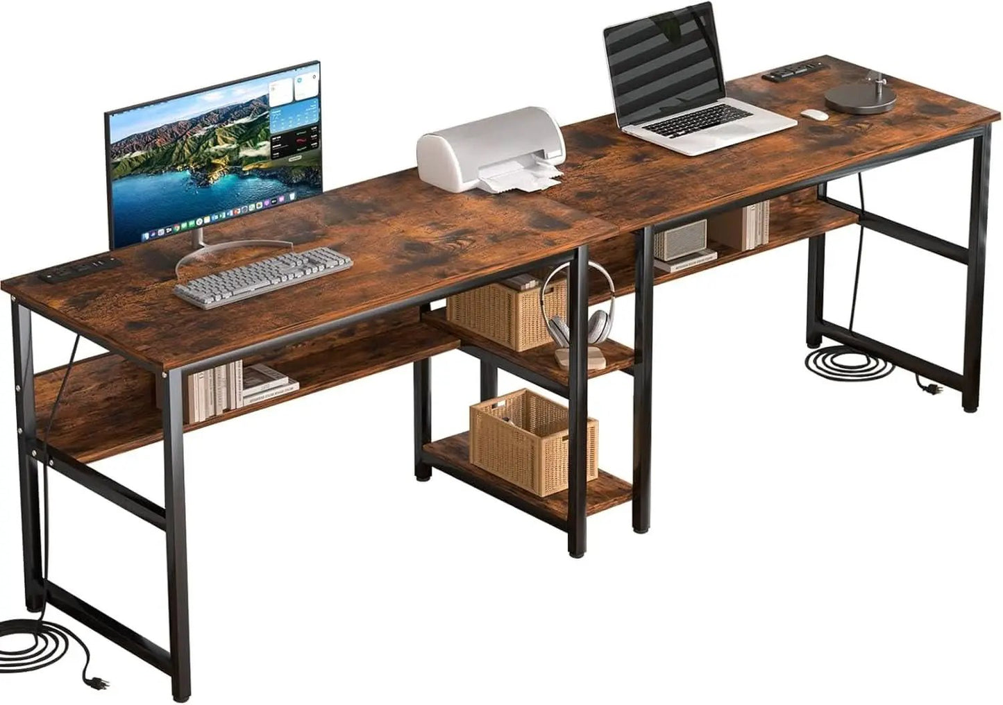 Spacious Two Person Desk with Power Strips and Shelves from PriceLows™