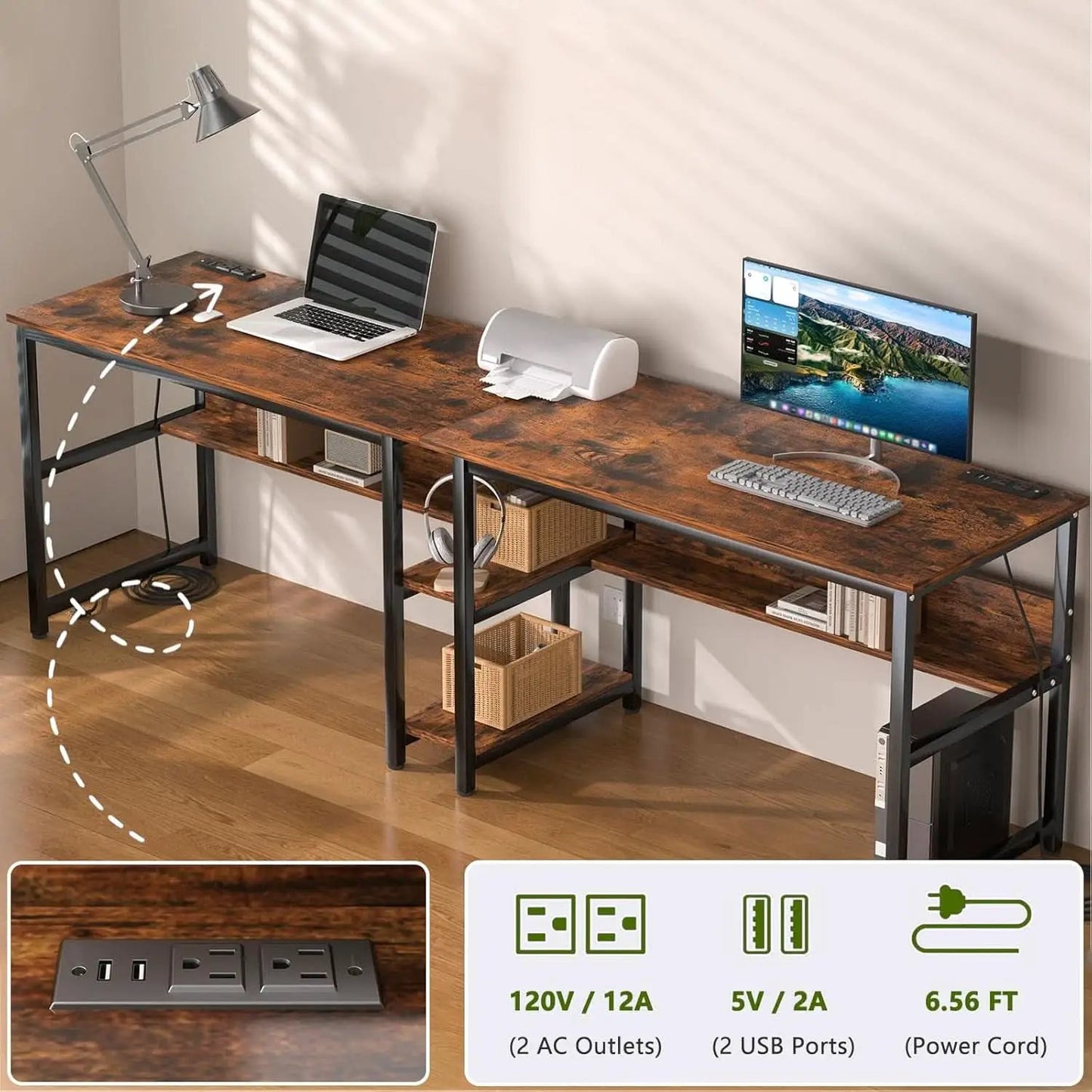 Spacious Two Person Desk with Power Strips and Shelves from PriceLows™