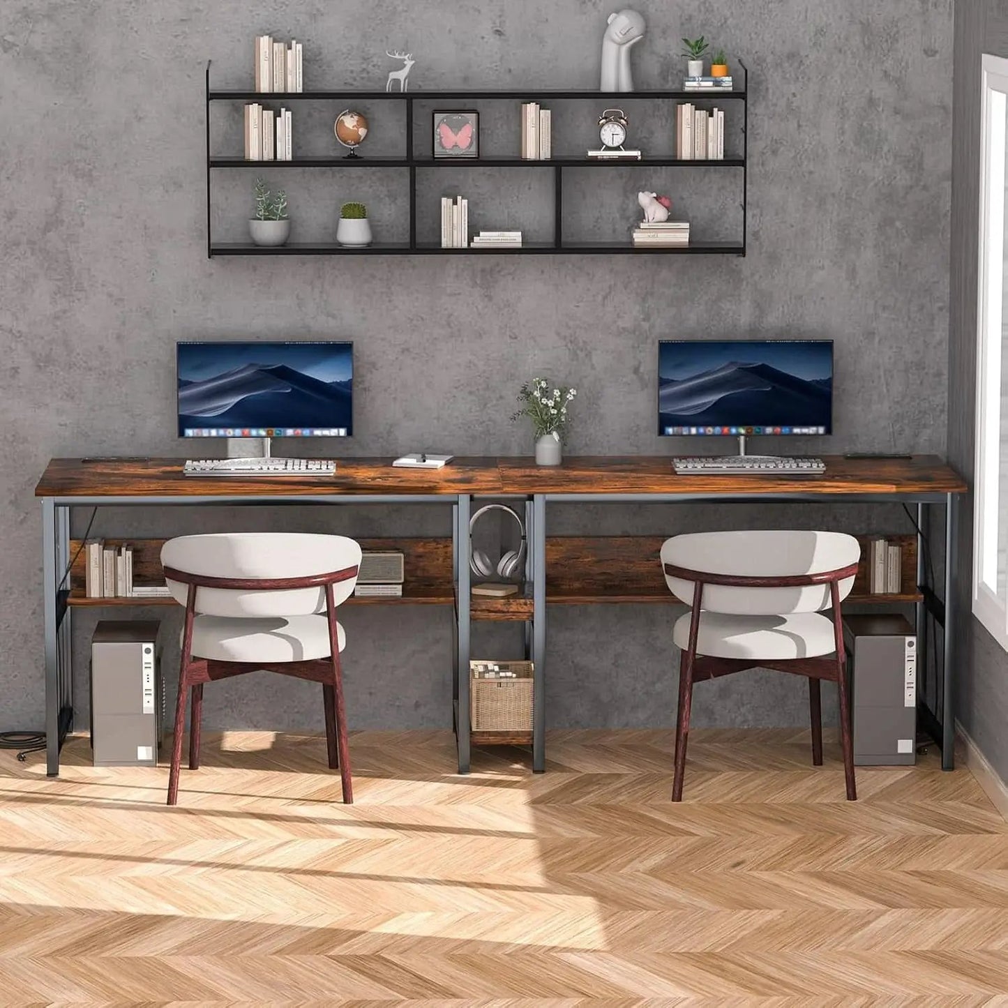 Spacious Two Person Desk with Power Strips and Shelves from PriceLows™