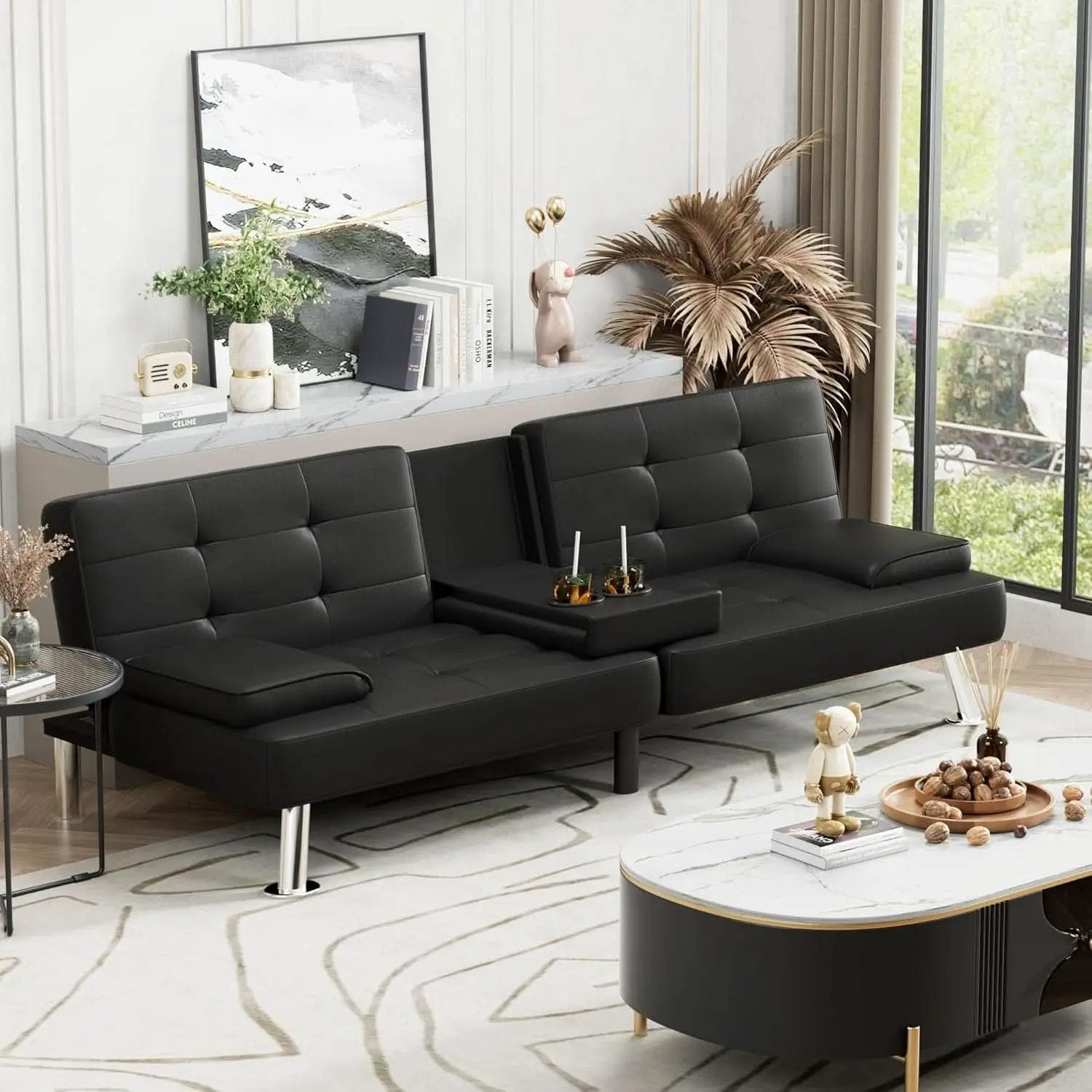 Black Leather Futon Sofa Bed With Adjustable Armrests And Cup Holders from PriceLows™
