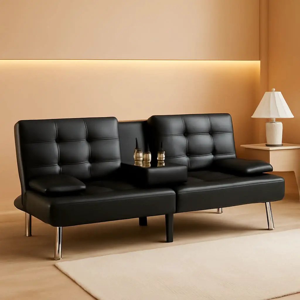 Black Leather Futon Sofa Bed With Adjustable Armrests And Cup Holders from PriceLows™
