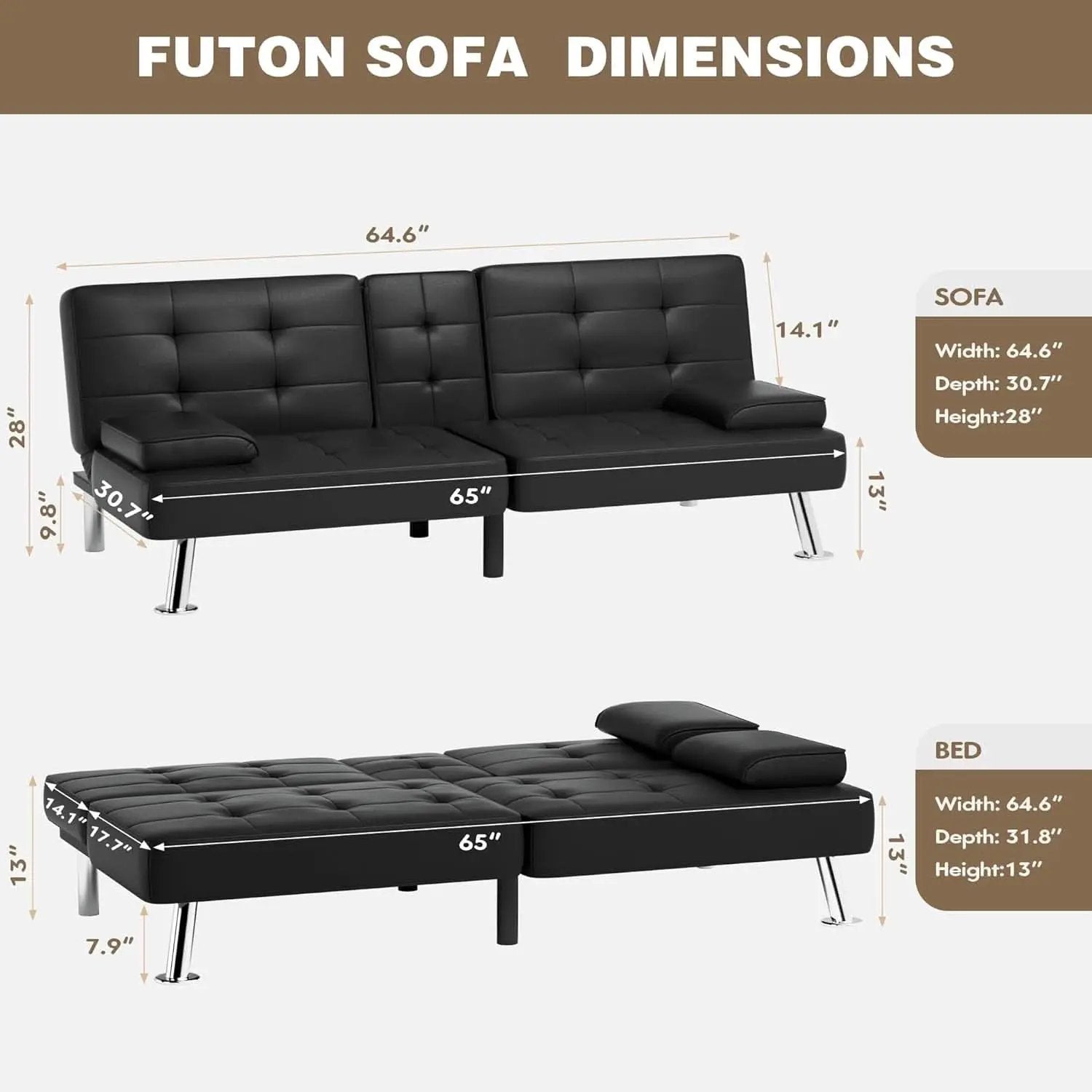 Black Leather Futon Sofa Bed With Adjustable Armrests And Cup Holders from PriceLows™