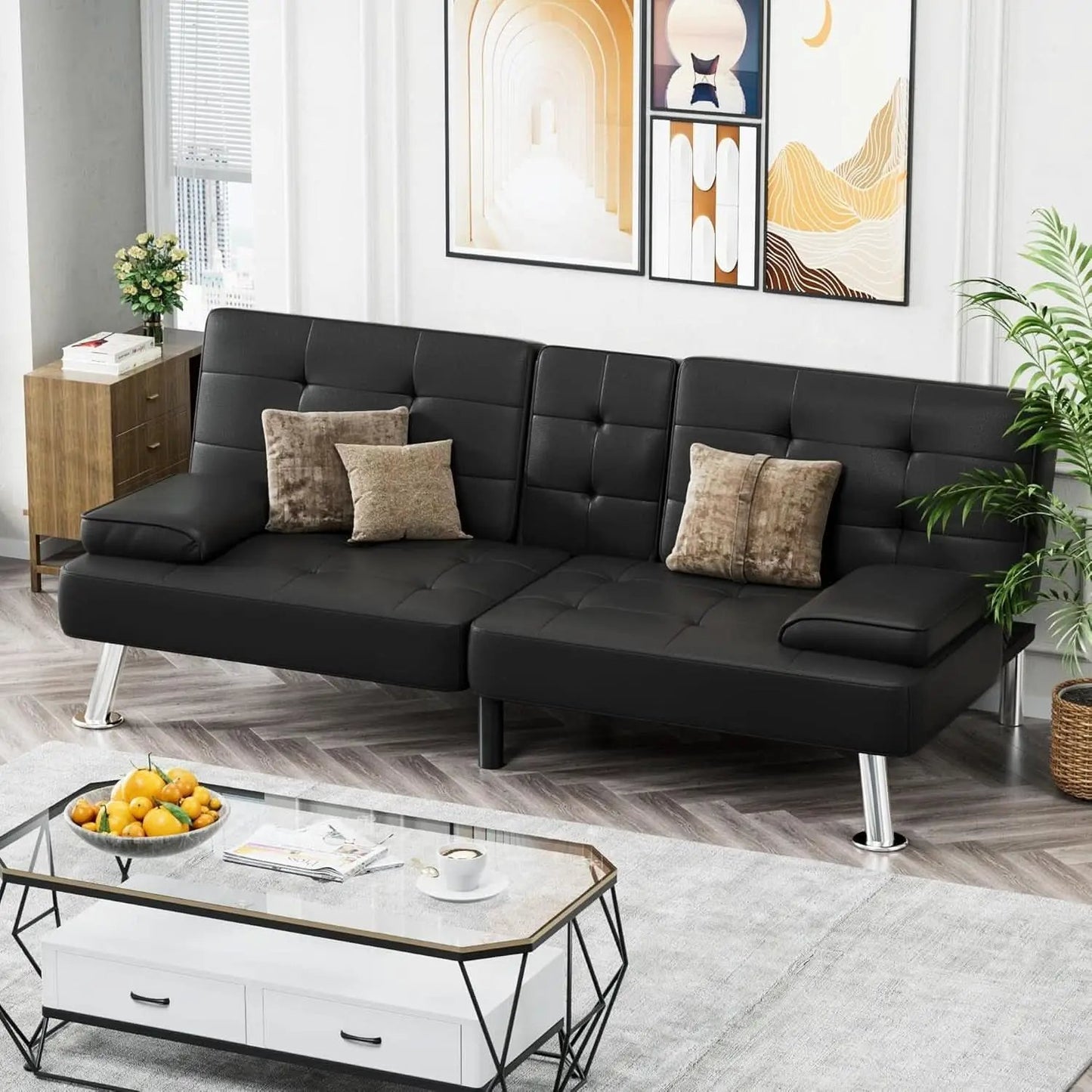 Black Leather Futon Sofa Bed With Adjustable Armrests And Cup Holders from PriceLows™