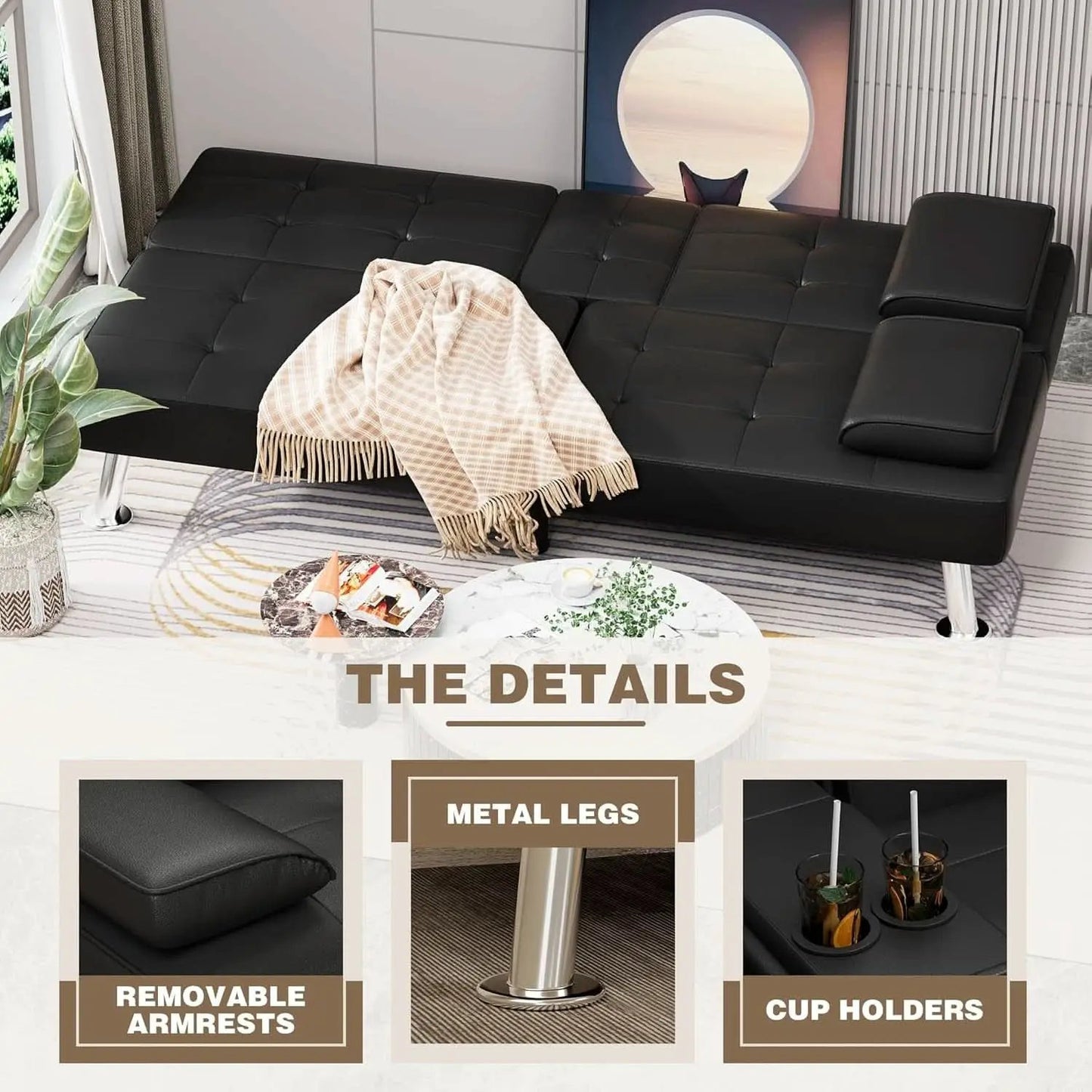 Black Leather Futon Sofa Bed With Adjustable Armrests And Cup Holders from PriceLows™