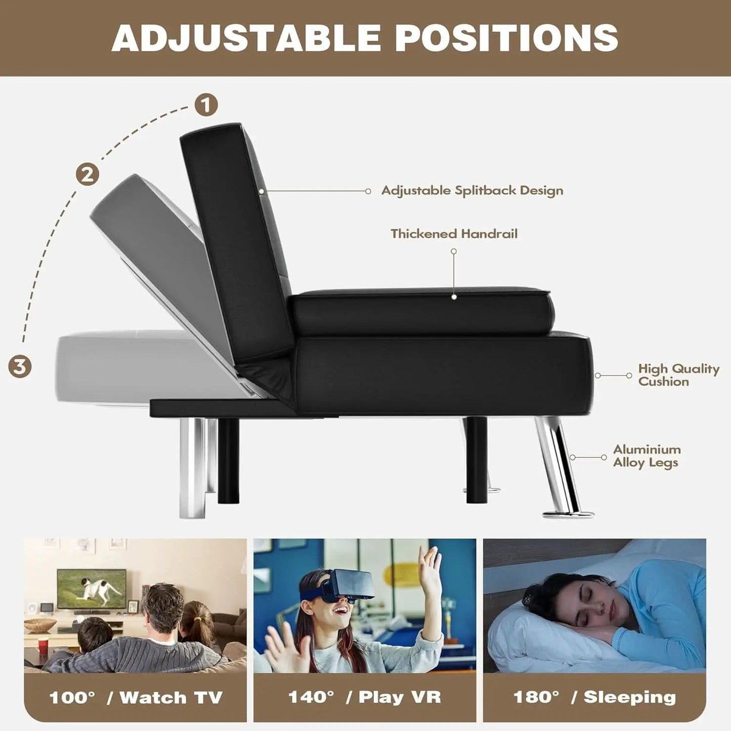 Black Leather Futon Sofa Bed With Adjustable Armrests And Cup Holders from PriceLows™