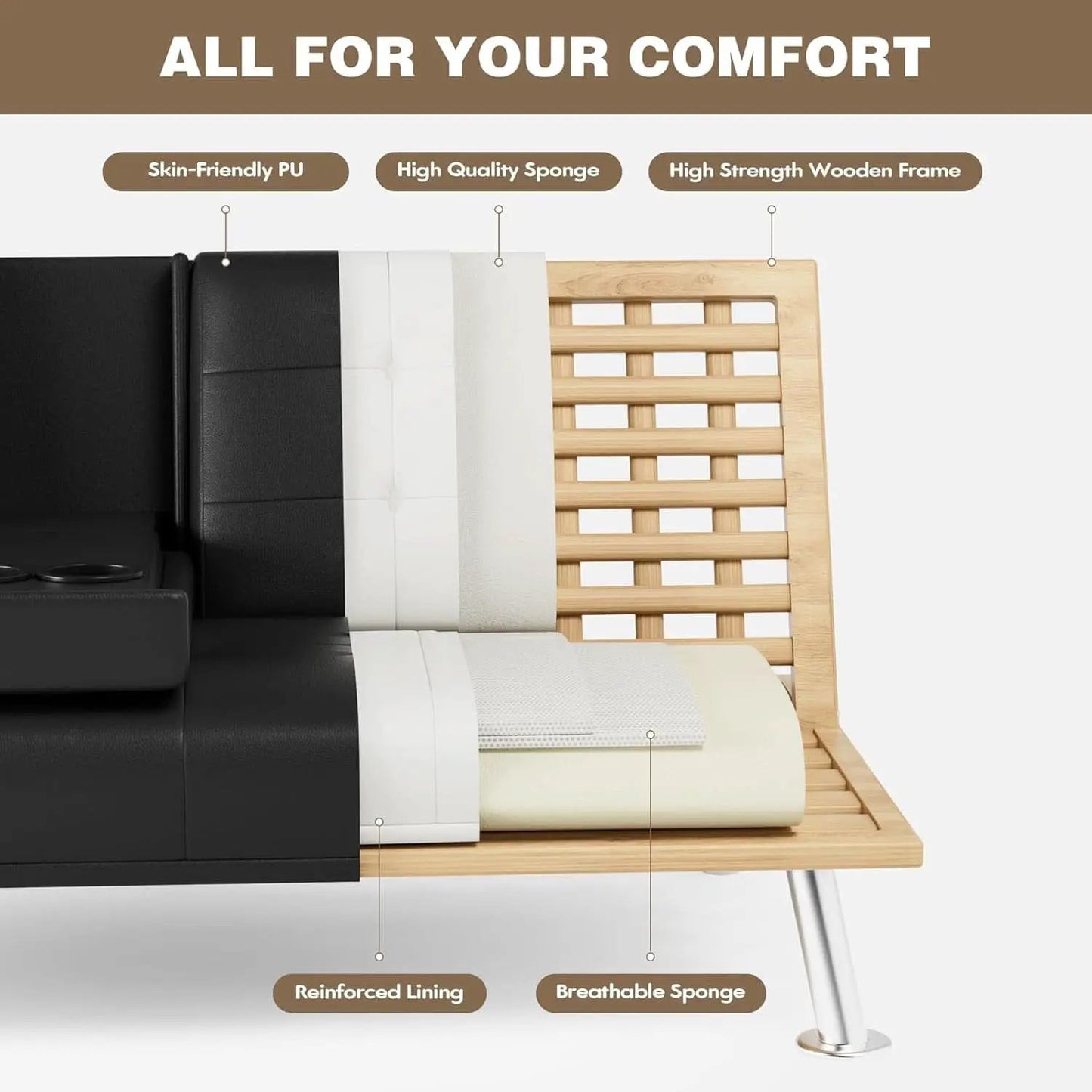 Black Leather Futon Sofa Bed With Adjustable Armrests And Cup Holders from PriceLows™