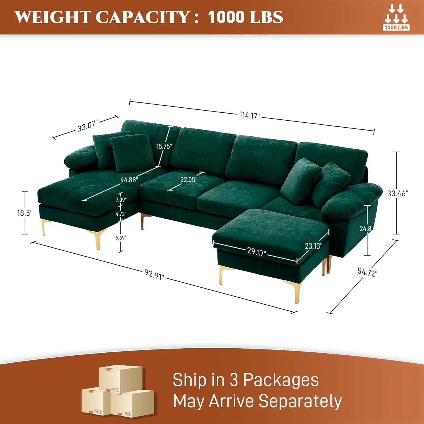 Stylish U Shaped Sectional Sofa Couch with Ottoman from PriceLows™