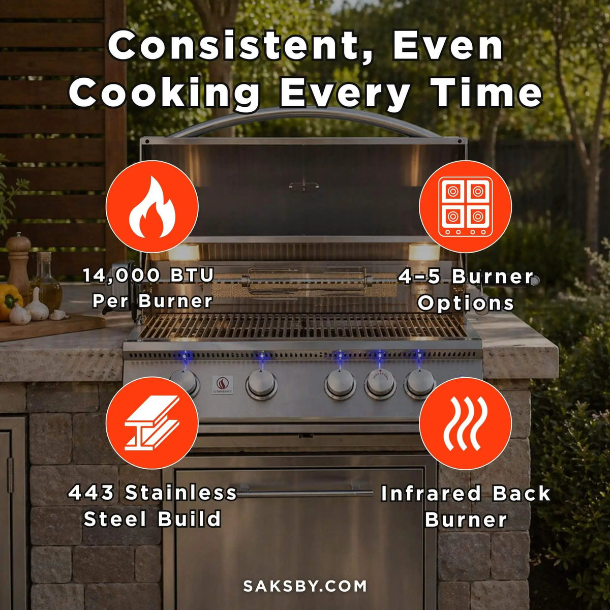 Built-In Gas Grill | Summerset Sizzler Pro | Up To 5 Cast Stainless Steel Burners | 443 Stainless Construction