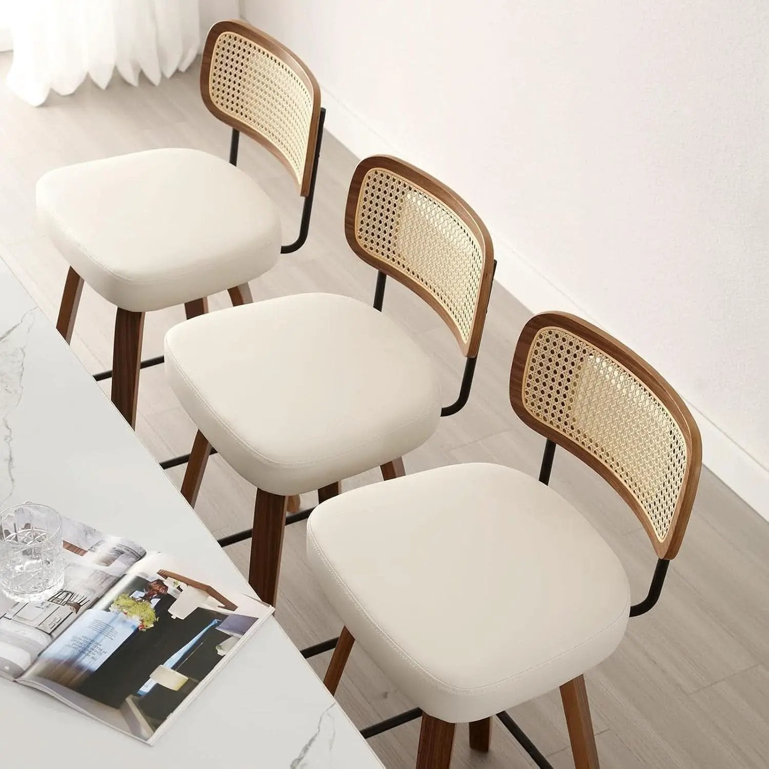Swivel Counter Height Bar Stools Cream White Rattan Back from PriceLows™
