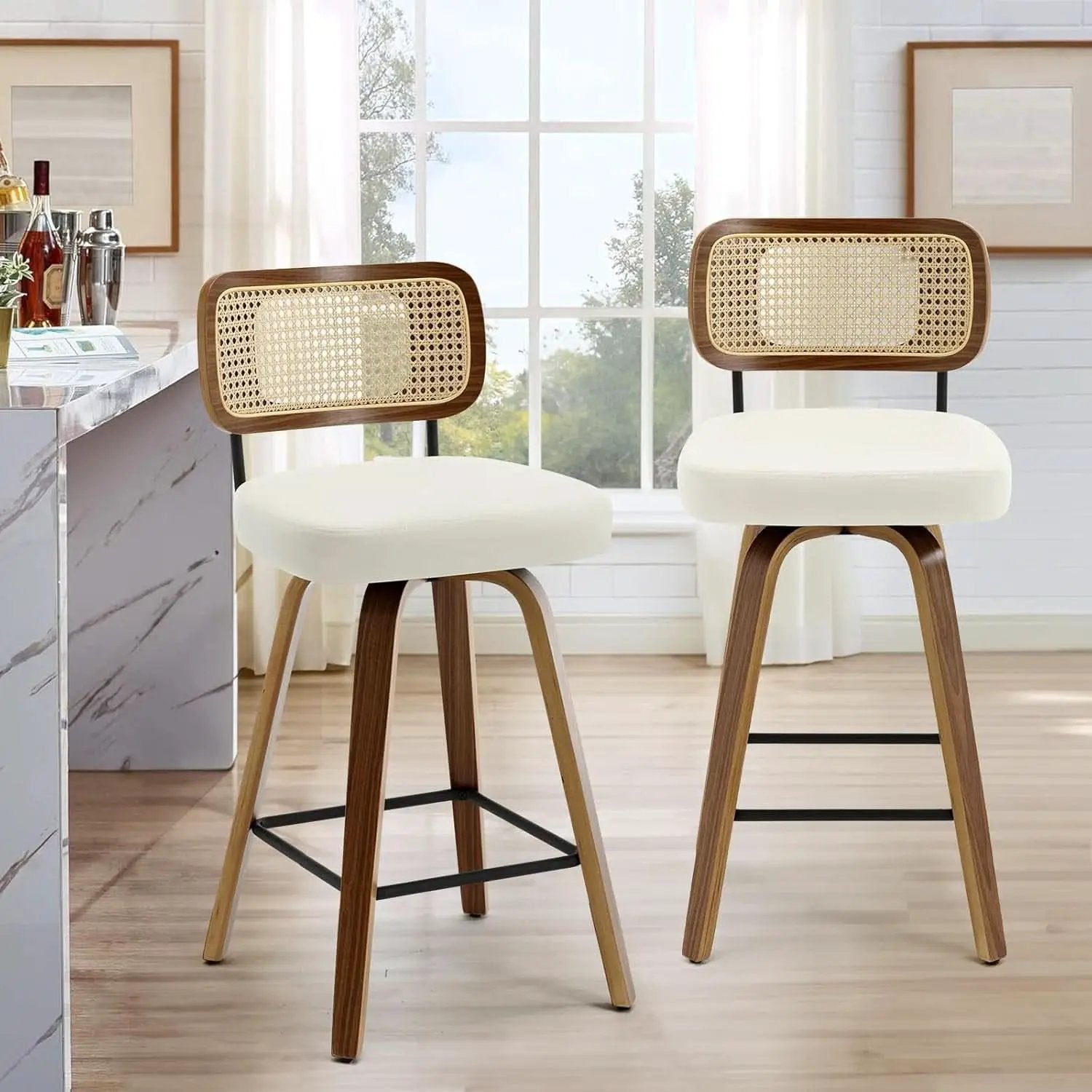 Swivel Counter Height Bar Stools Cream White Rattan Back from PriceLows™