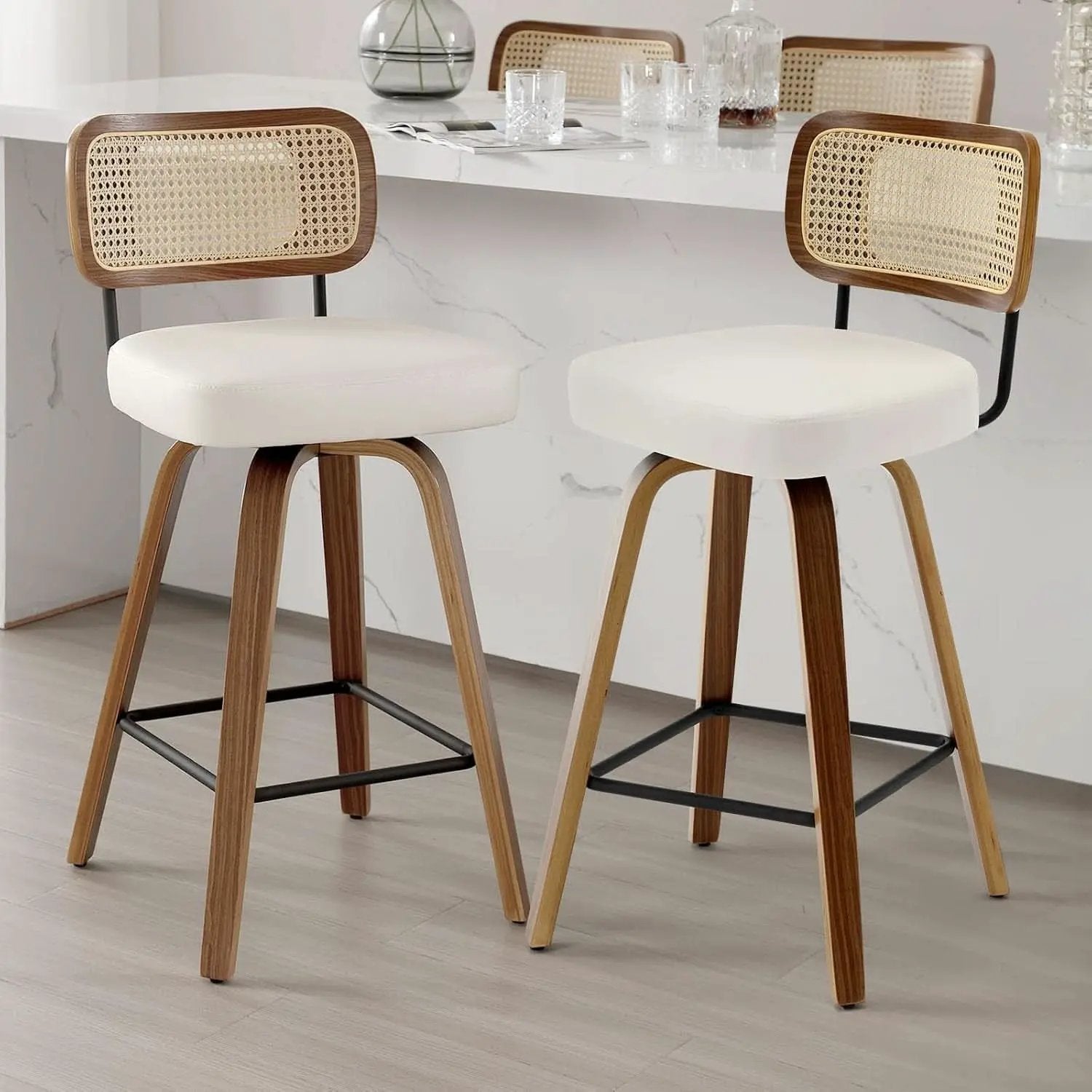 Swivel Counter Height Bar Stools Cream White Rattan Back from PriceLows™