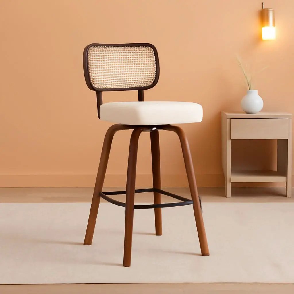 Swivel Counter Height Bar Stools Set of 4 Cream Upholstered Rattan Back from PriceLows™