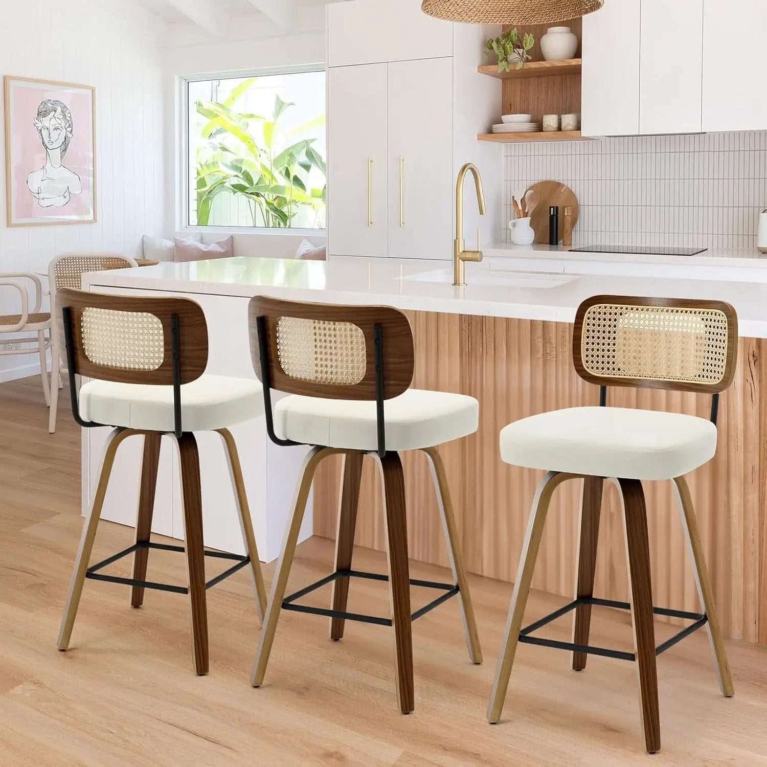 Swivel Counter Height Bar Stools Set of 4 Cream Upholstered Rattan Back from PriceLows™