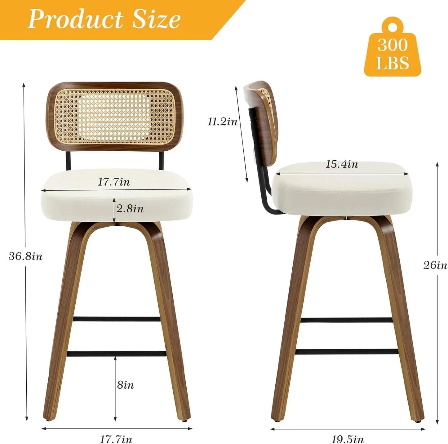Swivel Counter Height Bar Stools Set of 4 Cream Upholstered Rattan Back from PriceLows™