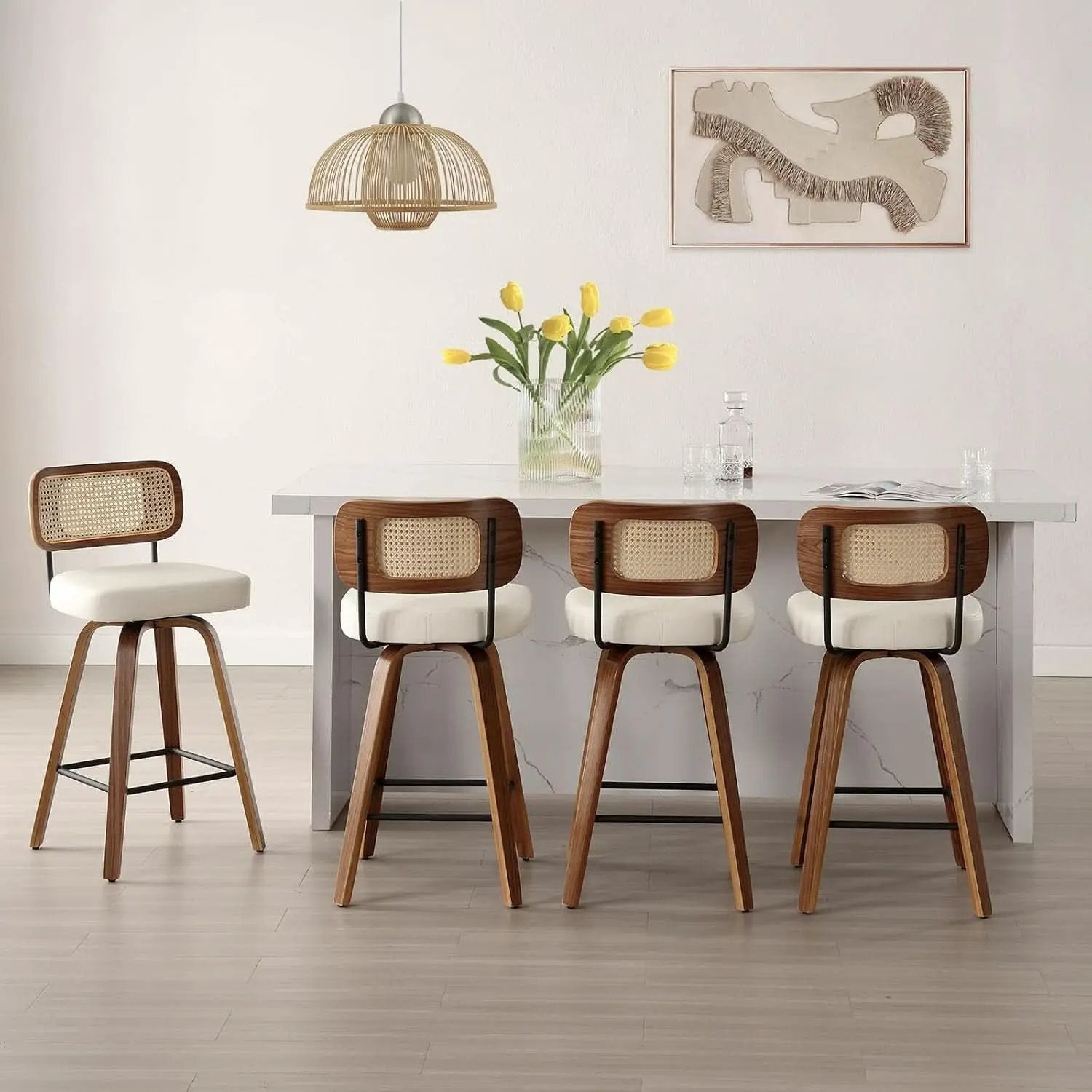 Swivel Counter Height Bar Stools Set of 4 Cream Upholstered Rattan Back from PriceLows™