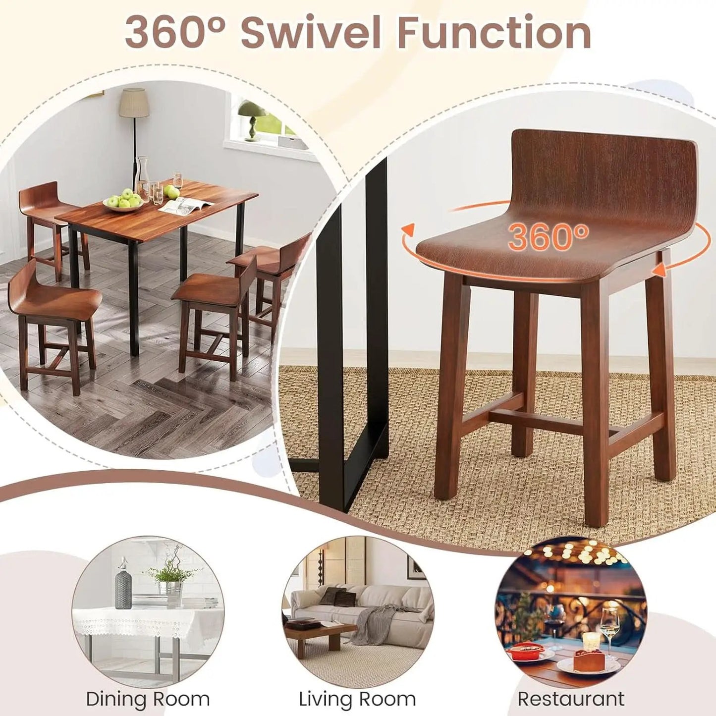 Walnut Swivel Bar Stools Set Of 4 Counter Height Kitchen from PriceLows™